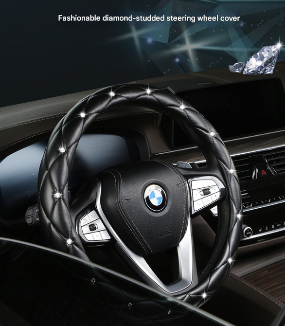 Red Luxury Bling Steering Wheel Cover - Black Quilted Leather with Crystal Rhinestones, Universal 38cm Fit — image 2