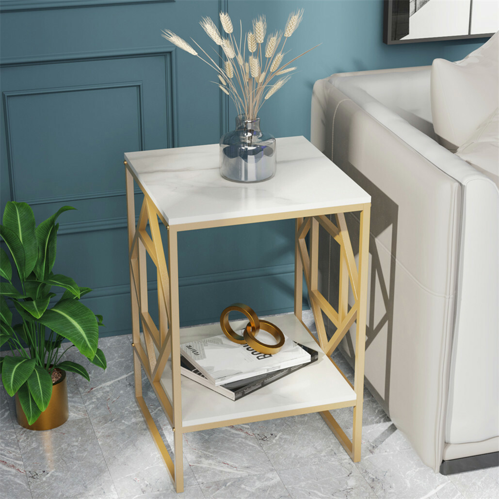 White Marble Gold Side Table Living Room End Accent Table Nightstand with Shelf โ image 2