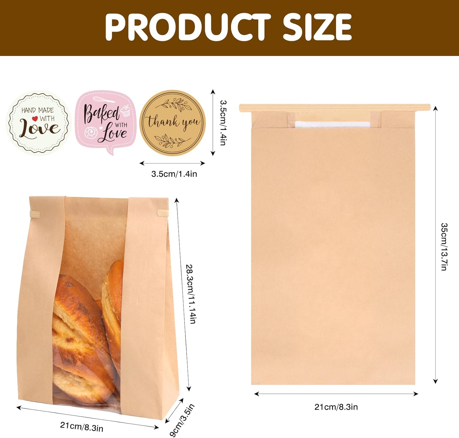 120 Pack Large Paper Bread Bags for Homemade Bread, 13.7 × 8.3 × 3.5 Inches, Sourdough Bread Bags with Tin Tie Tab and Clear Front Window, Includes 144 Label — image 2