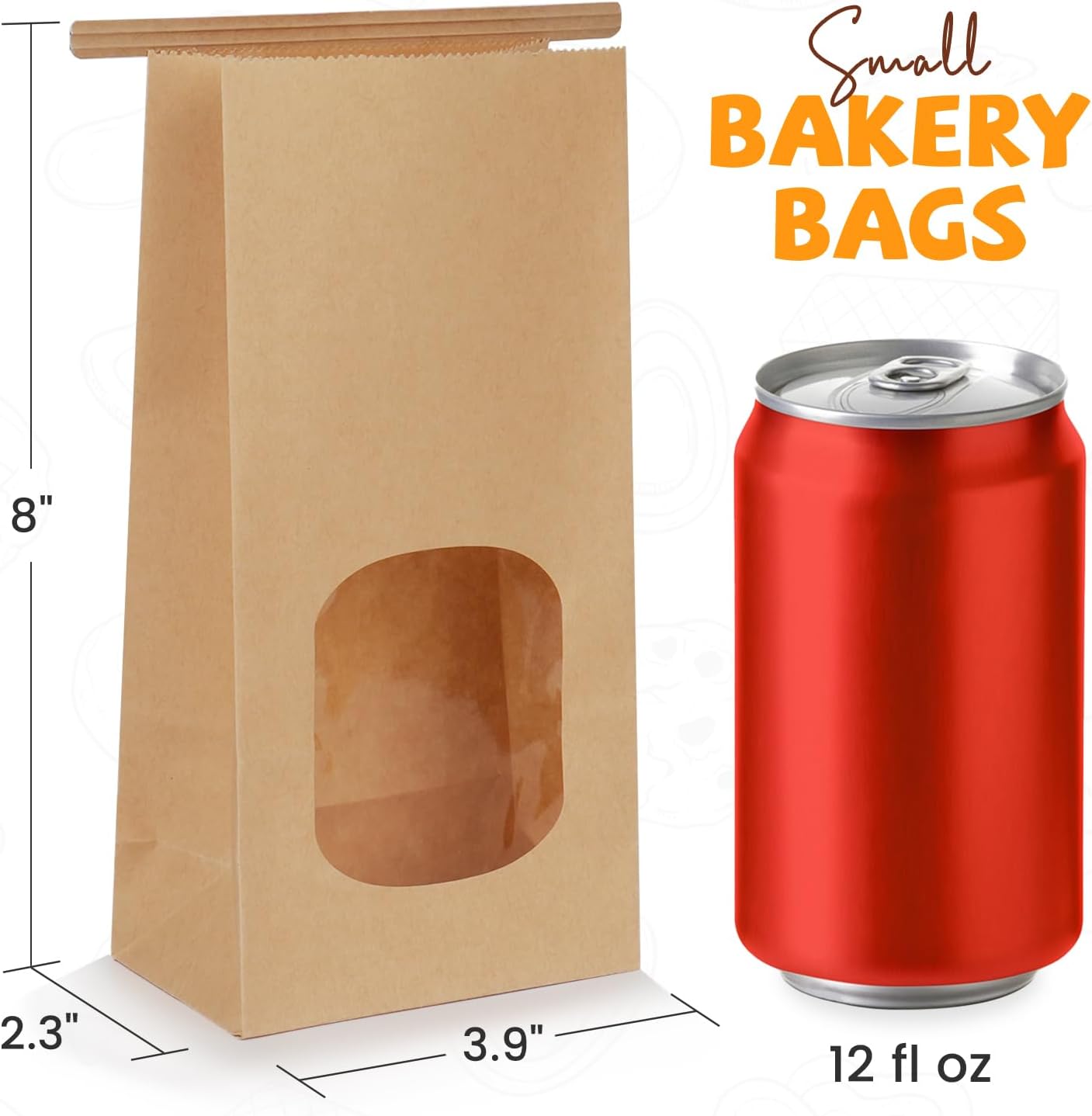 50 Pack Bakery Bags with Window, 3.9 × 2.3 × 8 Inches Tin Tie Tab Paper Cookie Bags Brown Small Gift Bag for Packaging Popcorn, Trail Mix, Treats, Snacks — image 2