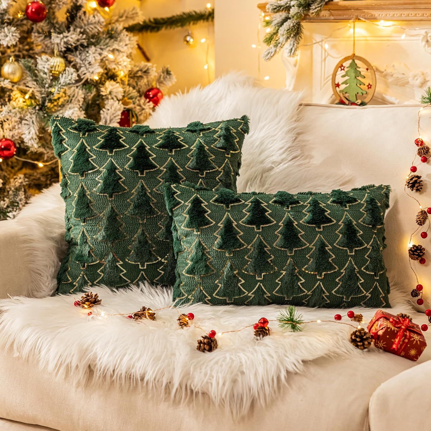 Christmas Tree Green Throw Pillow Covers 18x18, Soft Faux Fur Sequins Throw Pillows for Couch Sofa Bed Room Cushion Covers Holiday Decorations โ image 3