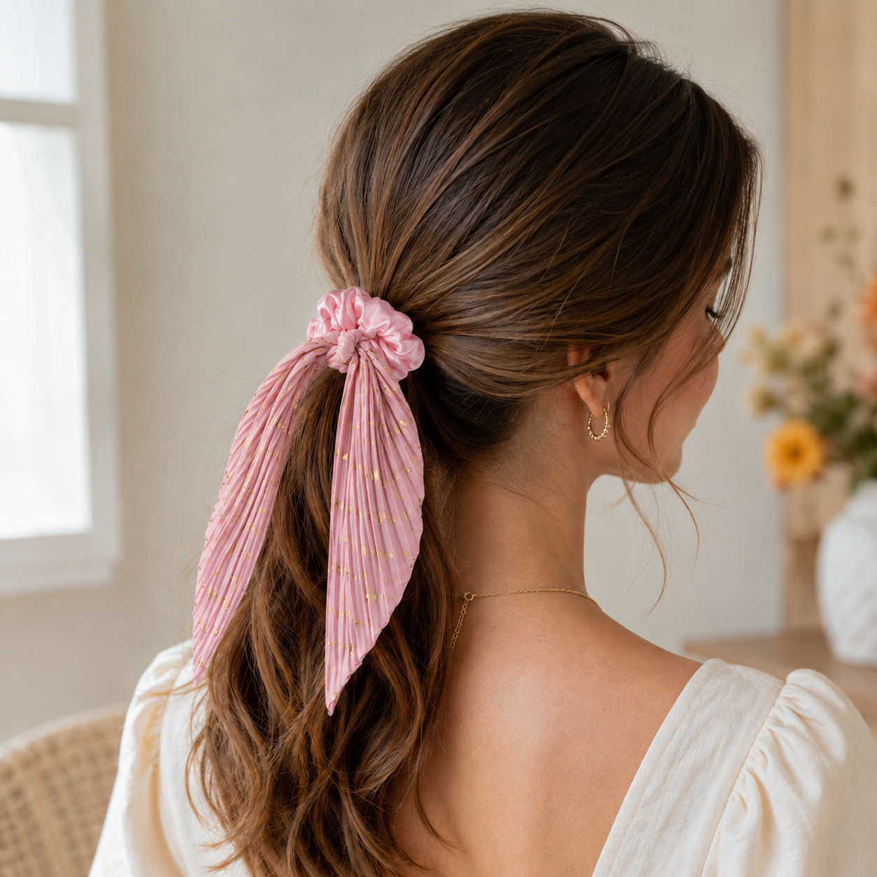 Pink Vintage Ribbon Ponytail Scrunchie 2 Pack for Women Pleated Satin Hair Tie with Long Ribbon Tails Elegant Retro Hair Accessory for Ponytail โ image 2