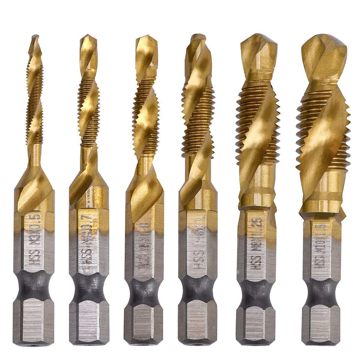 Combination Drill Tap Bit Set 6 Piece Hex Shank Quick Change HSS Titanium Coated Spiral Tap Drill Bit Include Spiral Screw Tap Set