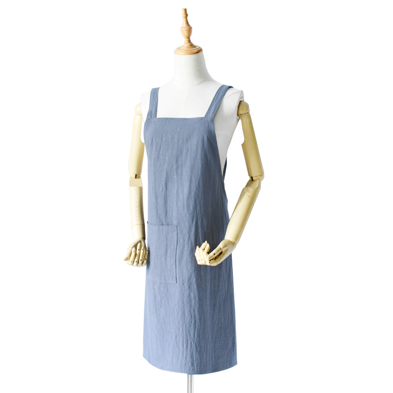 Blue Cotton Linen H-Back Apron - Solid Color Kitchen Cooking Apron with Pocket โ image 2
