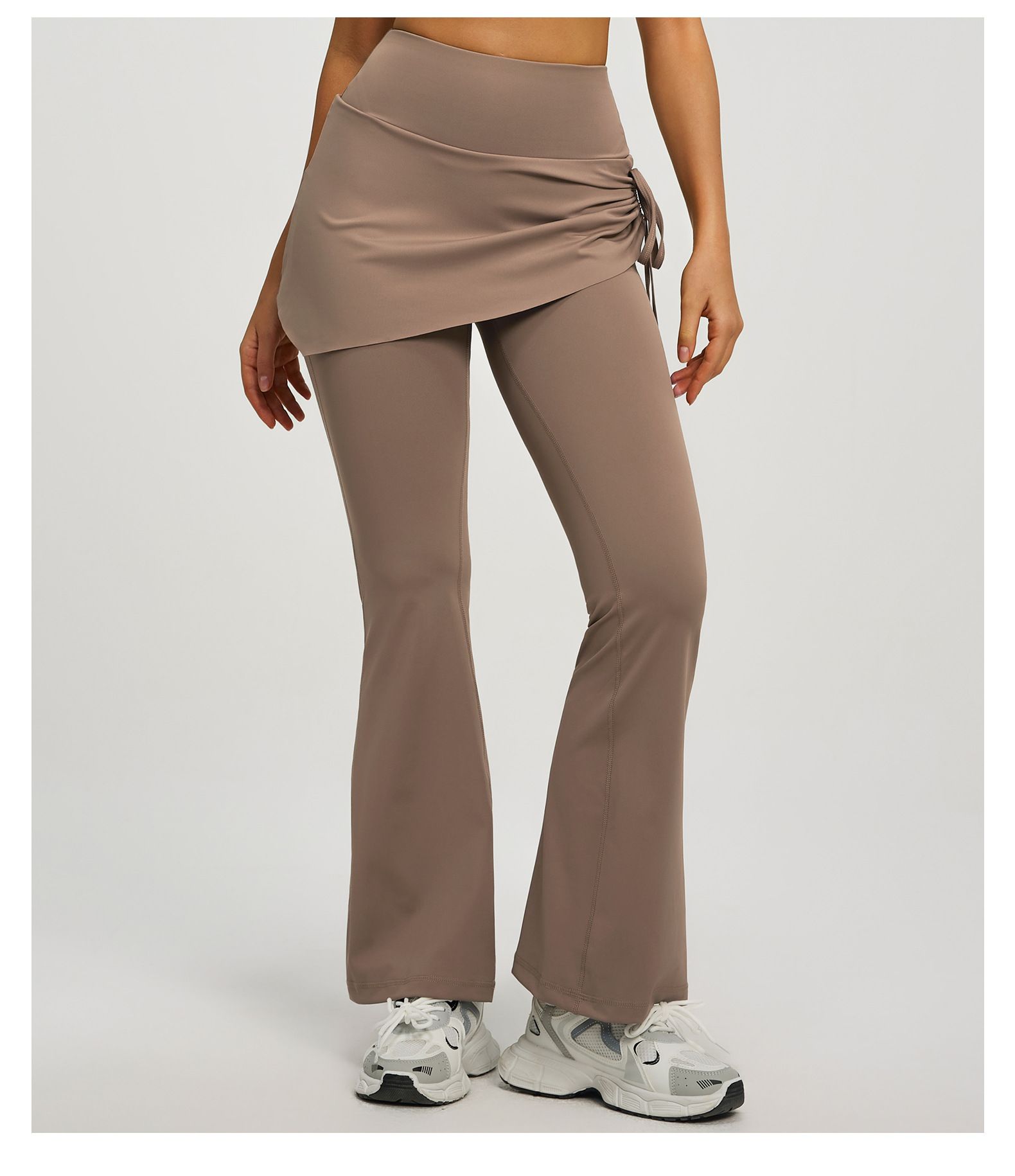 Women's High Waist Skirted Flare Yoga Pants with Adjustable Ruched Drawstring (S size)-Light brown Faux Two Piece Bootcut Leggings for Pilates, Gym โ image 2