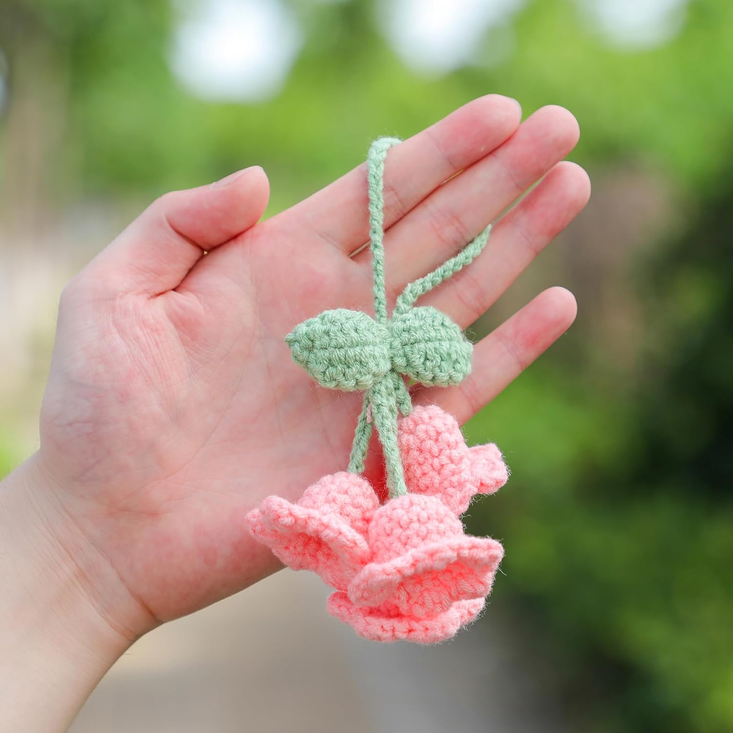 Lily Flower Hand Knitted Car Mirror Suspension Accessories, Rearview Mirror Accessories Car Decoration for Men and Women(Pink) — image 5