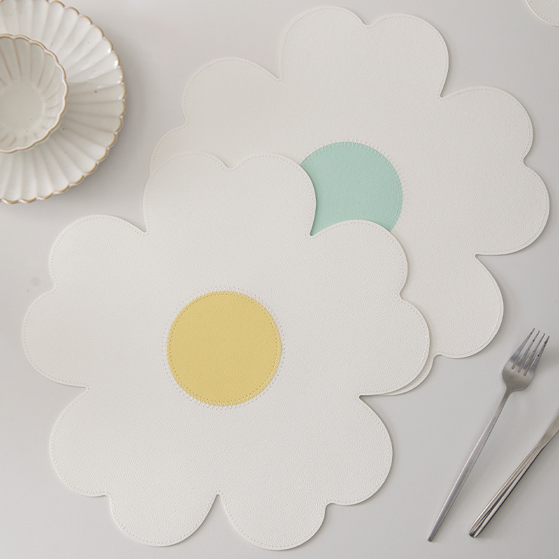 Blue Background With Yellow Heart + Yellow Background With Blue Heart Set of 6 Reversible Flower Shaped Placemats - Waterproof PU Leather Dining Table Mats โ image 2
