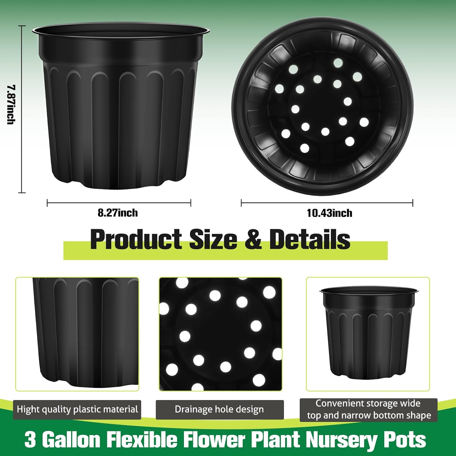 30 Pcs 3 Gallon Plant Nursery Pots Bulk Flexible Plastic Pots for Plants Thickened Soft Seed Starting Container with Drainage Hole Garden Pot Flower Container — image 2