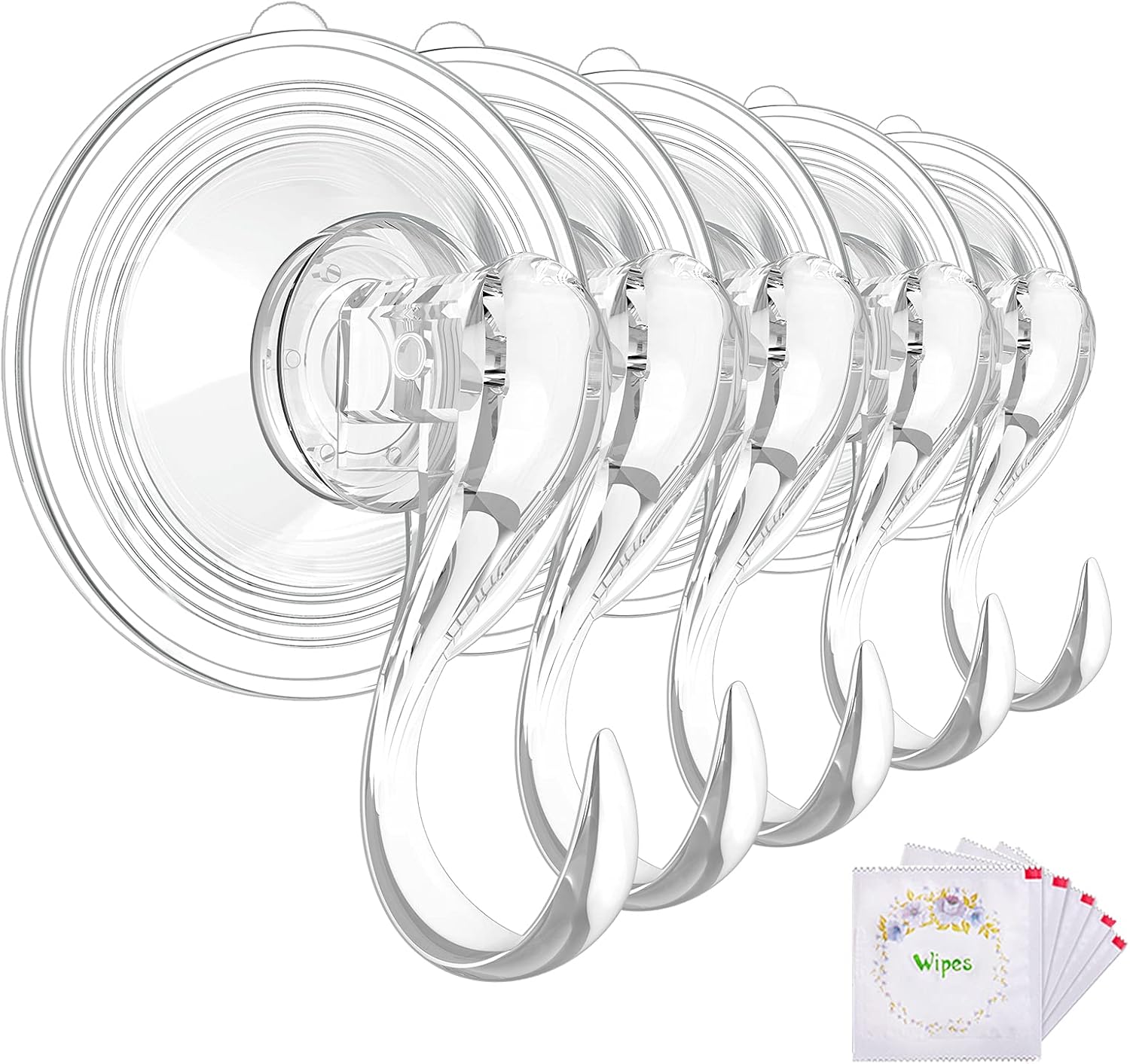 Large Suction Cup Hooks with Wipes, Heavy Duty, Removable and Reusable, Clear, 5 Pcs