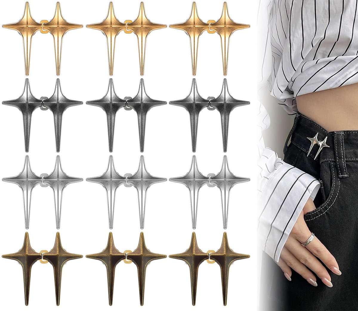 12 Pieces - Waist Extender - Tightening Button Adjuster Buttons - Star Trouser Waist Buckle - Adjustable Waistband Clips - Trouser Waist Reinforcement