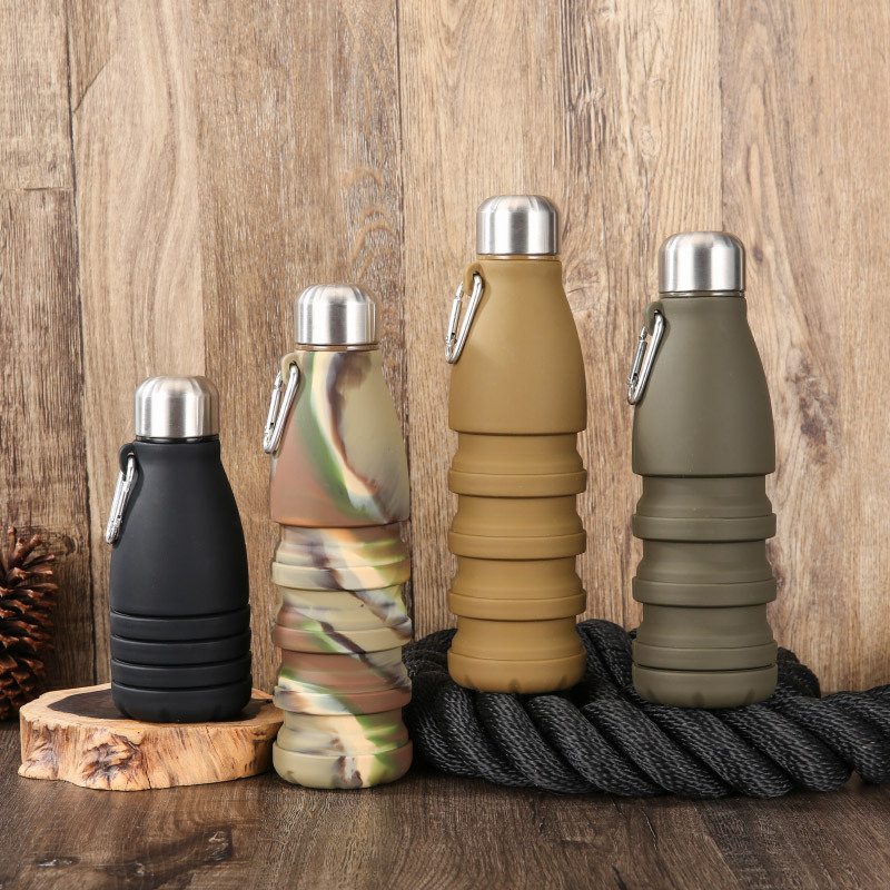 Camouflage blue Collapsible Silicone Water Bottle - Portable Sports Hydration Flask with Carabiner, 550ml/300ml โ image 2