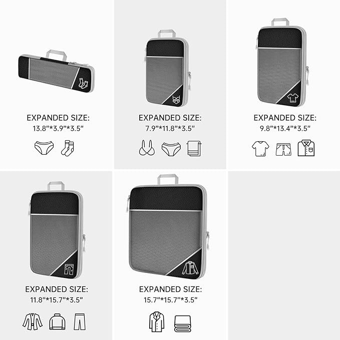 Grey Waterproof Travel Compression Packing Cube Set of 5 Sizes with Carry Handles - 50% Space Saving Breathable Nylon Luggage Organizer — image 5