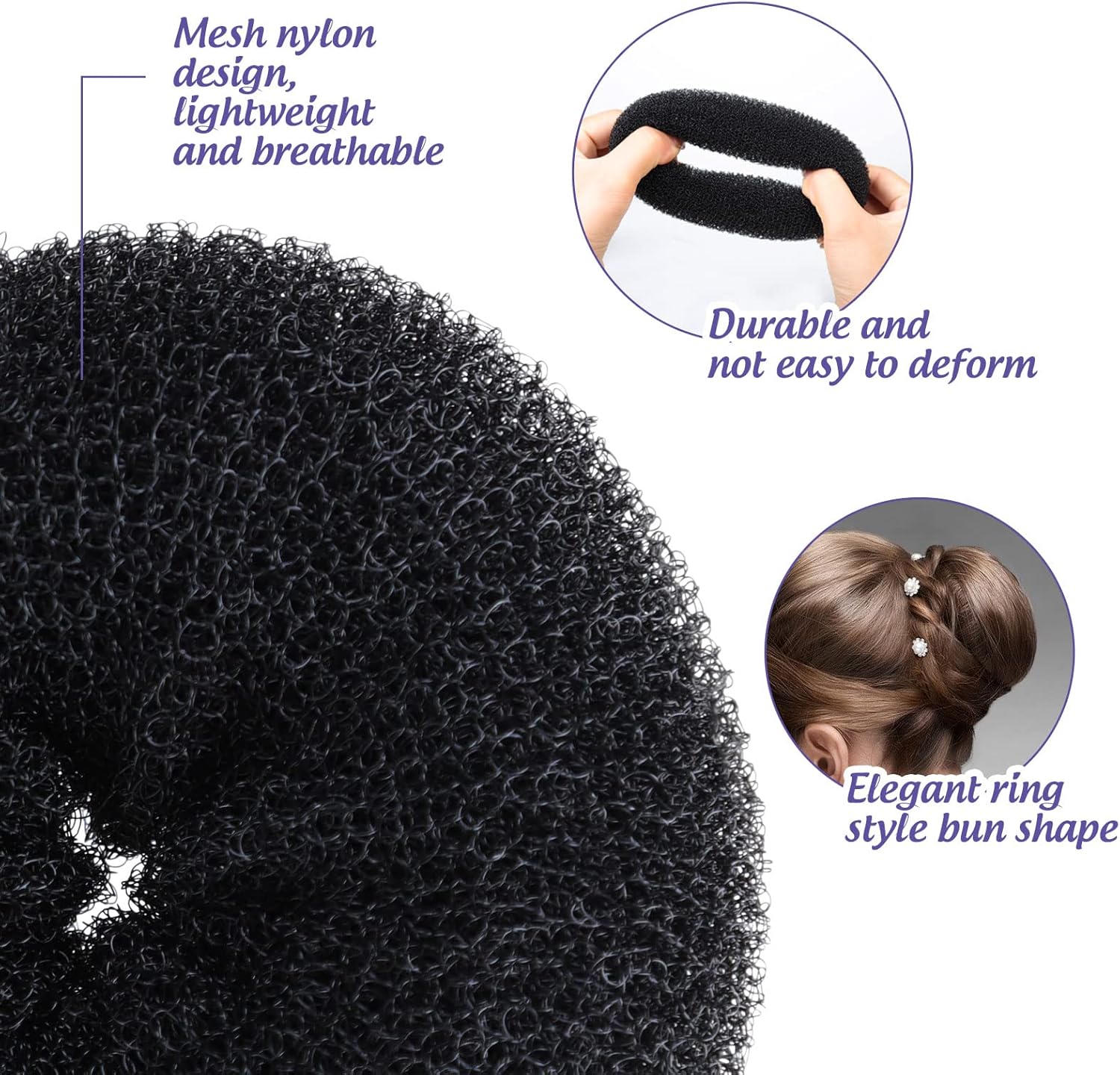 Hair Donut Bun Maker Set - 4 Bun Shapers, 20 Invisible Nets, 5 Elastics, 20 Bobby Pins (Black) — image 3