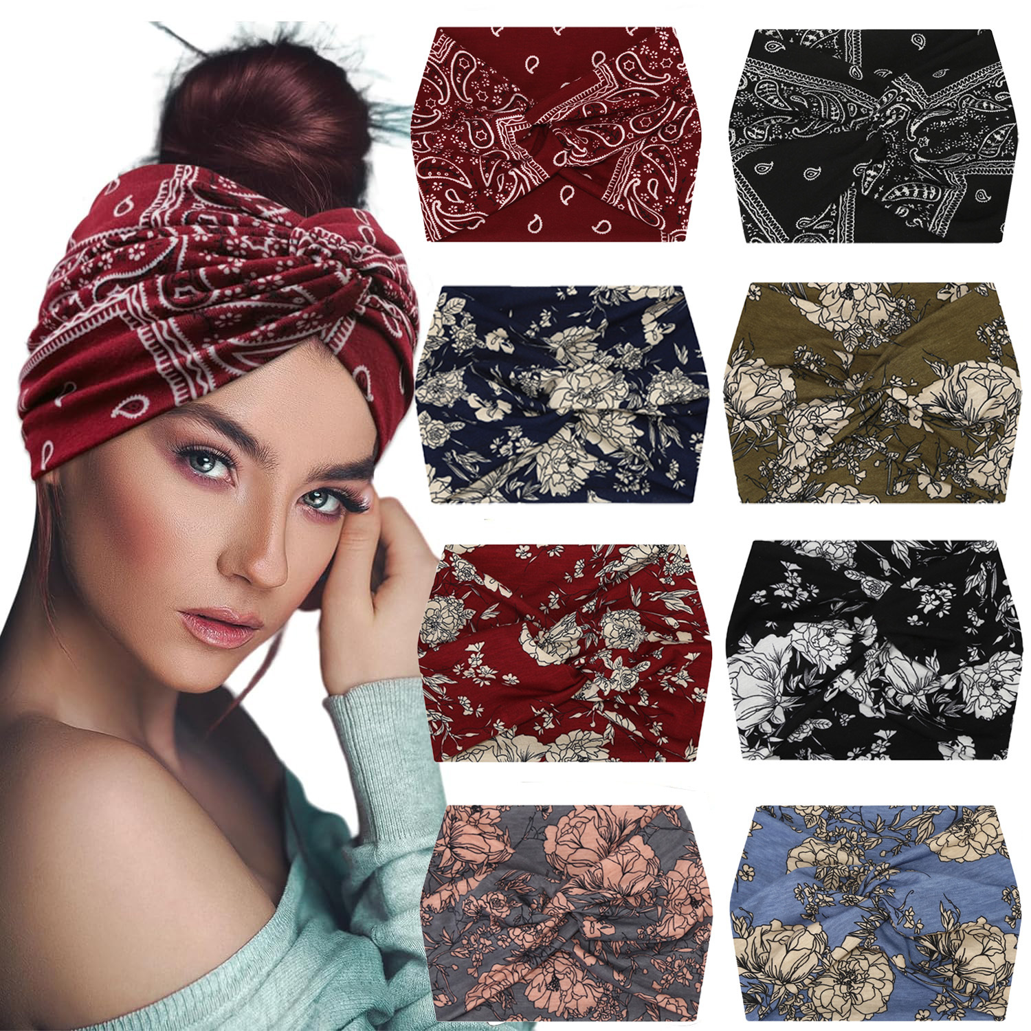 5-PCS Yellow Women's Extra Wide Turban Headband - Elastic Yoga & Sports Hair Wrap — image 2