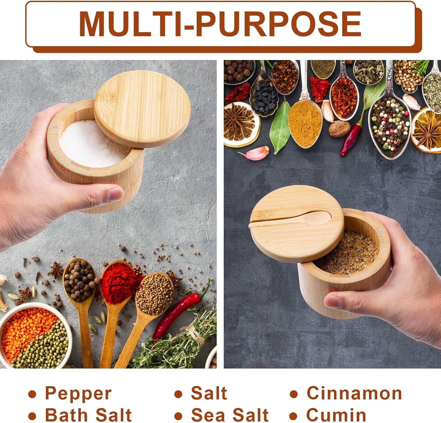 Bamboo Salt Cellar, Magnetic Swivel Lid Salt Box, Round Container for Storing Pepper Sugar Herbs, 6 Ounce Capacity — image 5