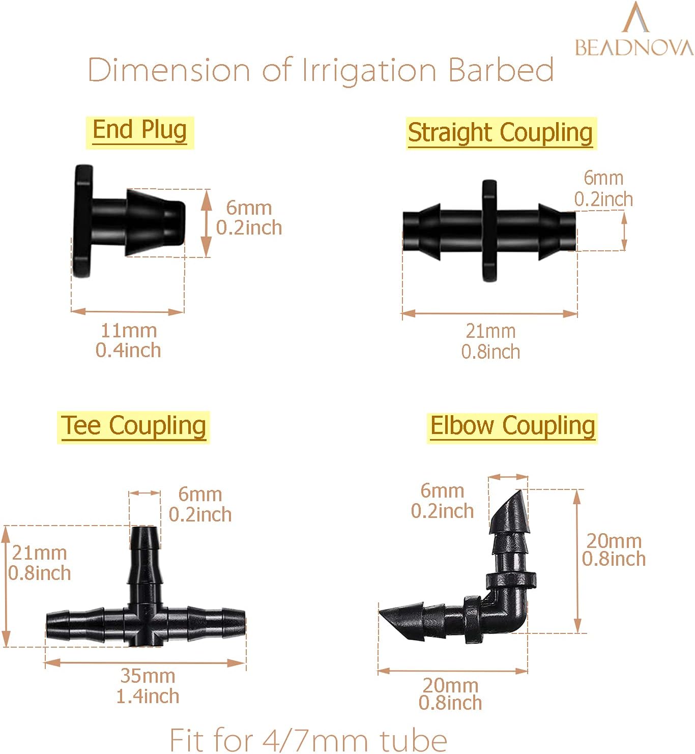 Drip Irrigation Parts 80 Pcs Mix 1/4 Inch Barbed Tee Elbow Straight Couplings End Plugs Fittings Drip Line Connectors for 1/4 Inch Irrigation Tubing Garden — image 2