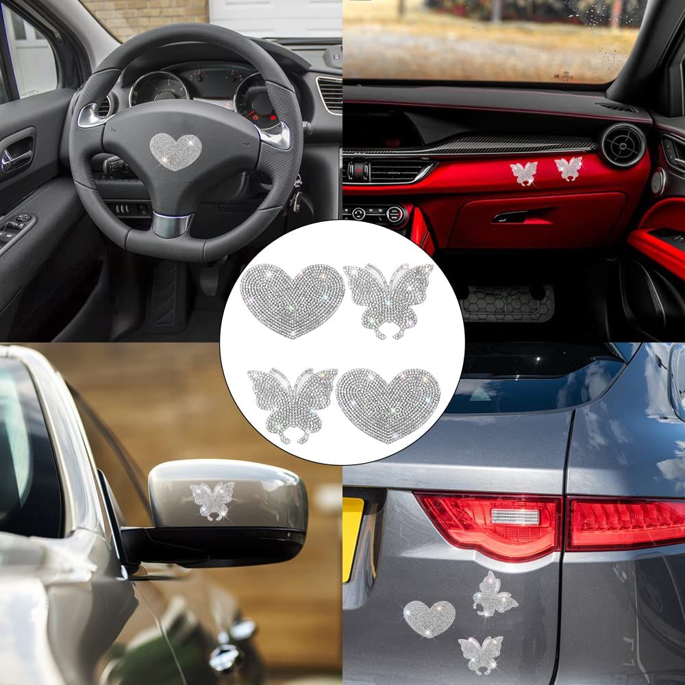 4 Pieces Bling Crystal Car Stickers, Butterfly and Heart Bling Crystal Rhinestone Car Sticker Decal, Decorate Cars Bumper — image 2