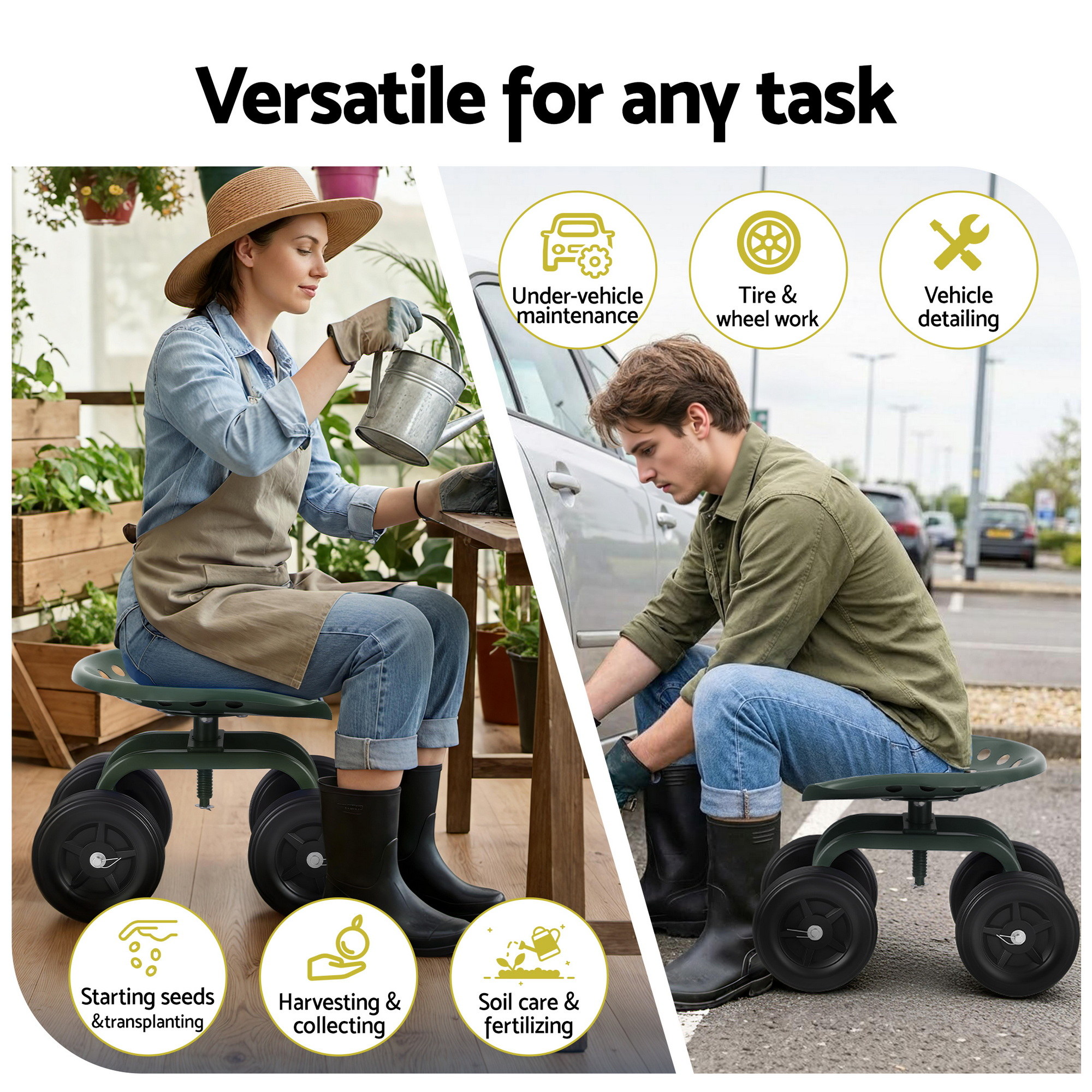 Gardeon Garden Seat 360 Swivel Rolling Adjustable Height Work Scooter Cart Wheels Heavy Duty 150kg — image 2
