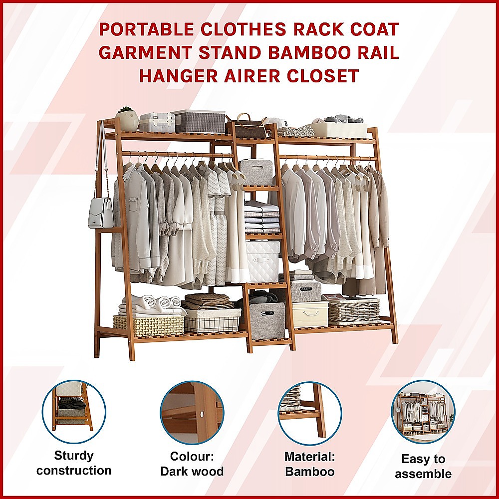 Portable Clothes Rack Coat Garment Stand Bamboo Rail Hanger Airer Closet โ image 3