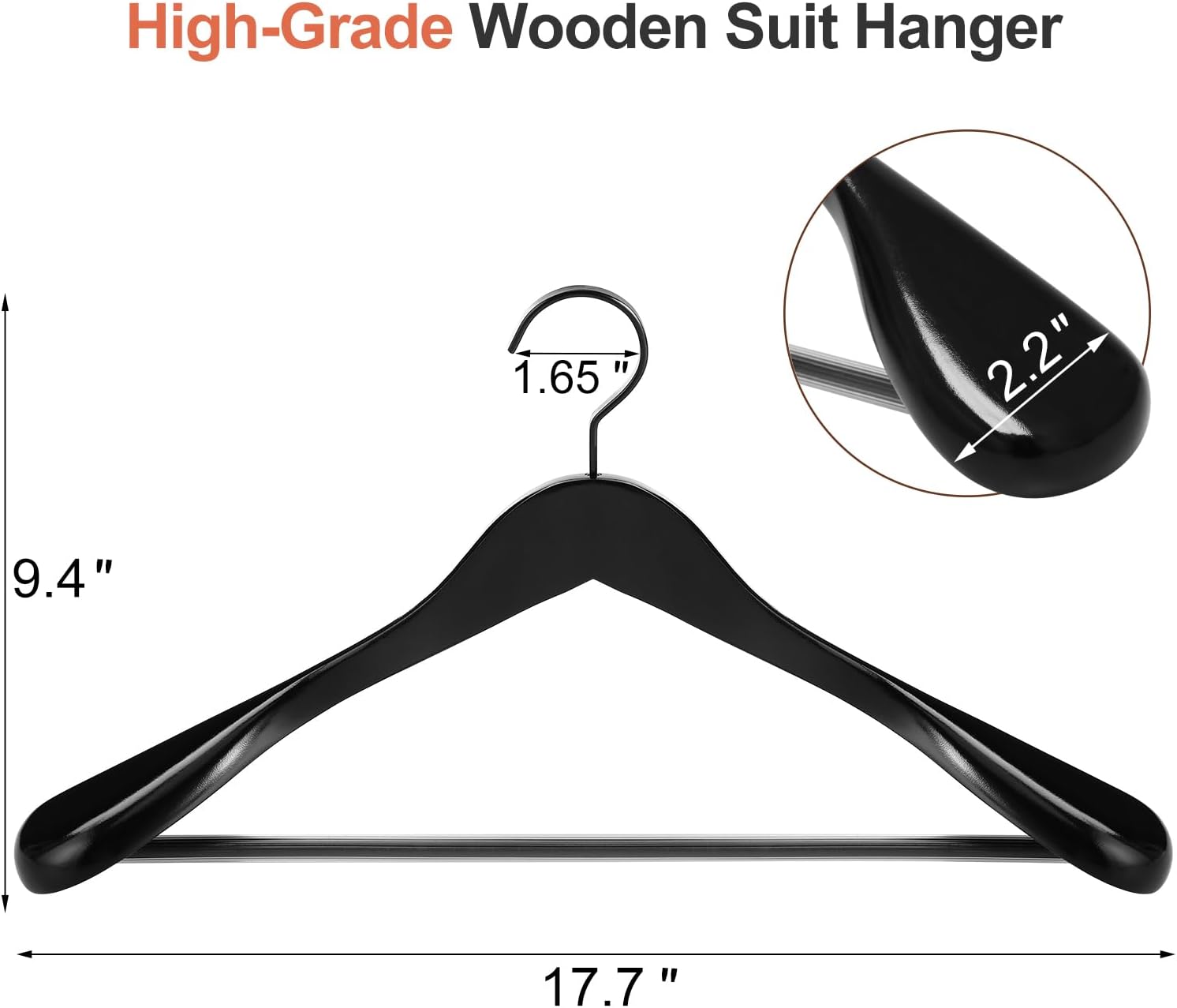 TOPIA HANGER Black Wooden Coat Hanger 6 Pack, Wide Shoulder Wood Suit Hangers with Extra-Thick Flat Hooks & Anti-Slip Pants Bar, Heavy Duty Clothes — image 2