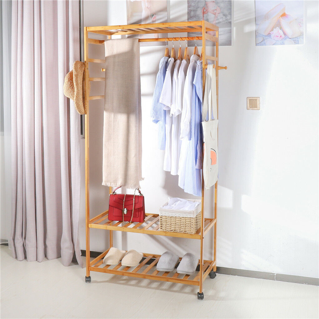 3-Tier Wooden Clothes Rack Rolling Garment Stand w/ Hooks — image 4