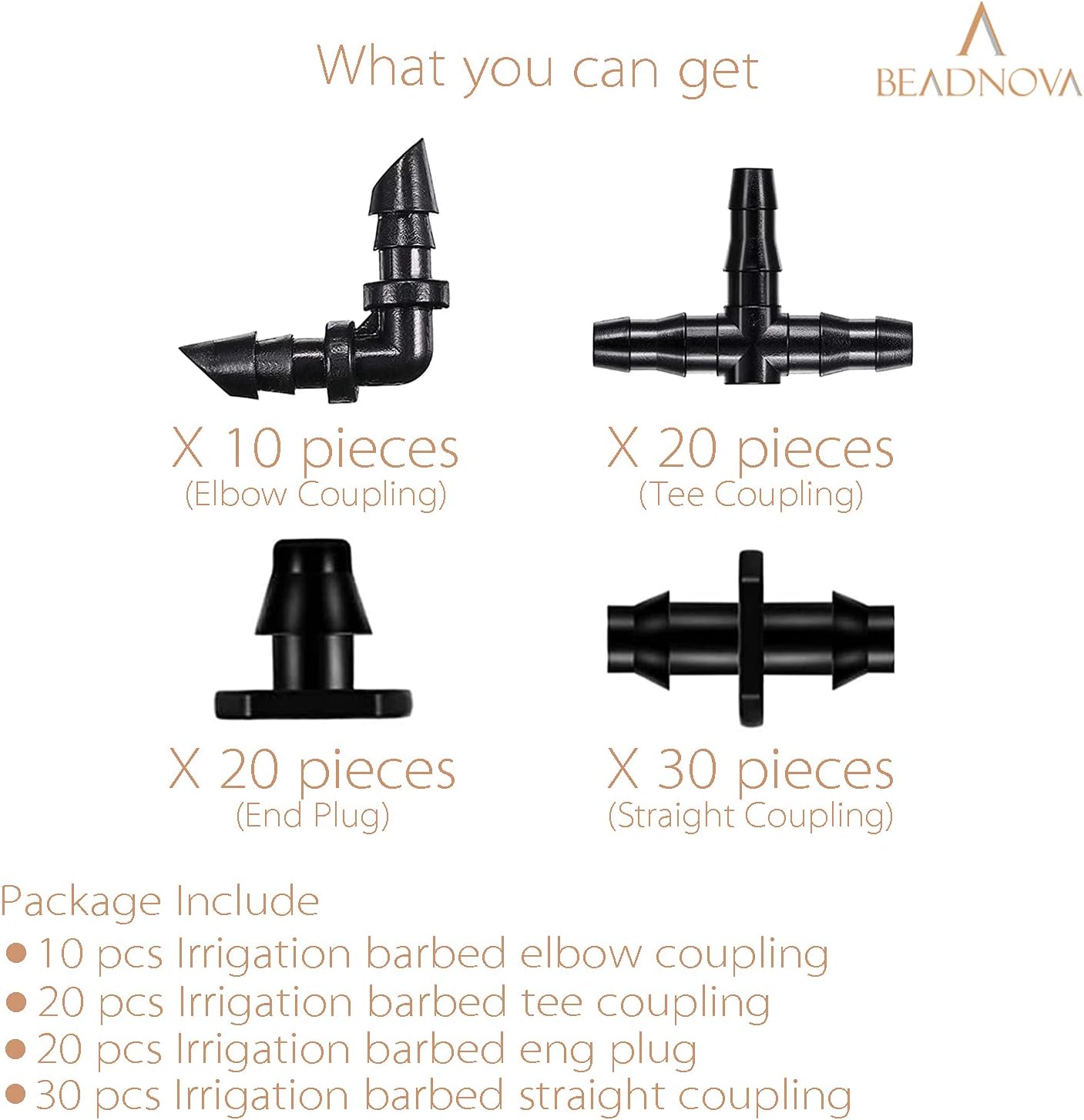 Drip Irrigation Parts 80 Pcs Mix 1/4 Inch Barbed Tee Elbow Straight Couplings End Plugs Fittings Drip Line Connectors for 1/4 Inch Irrigation Tubing Garden — image 3