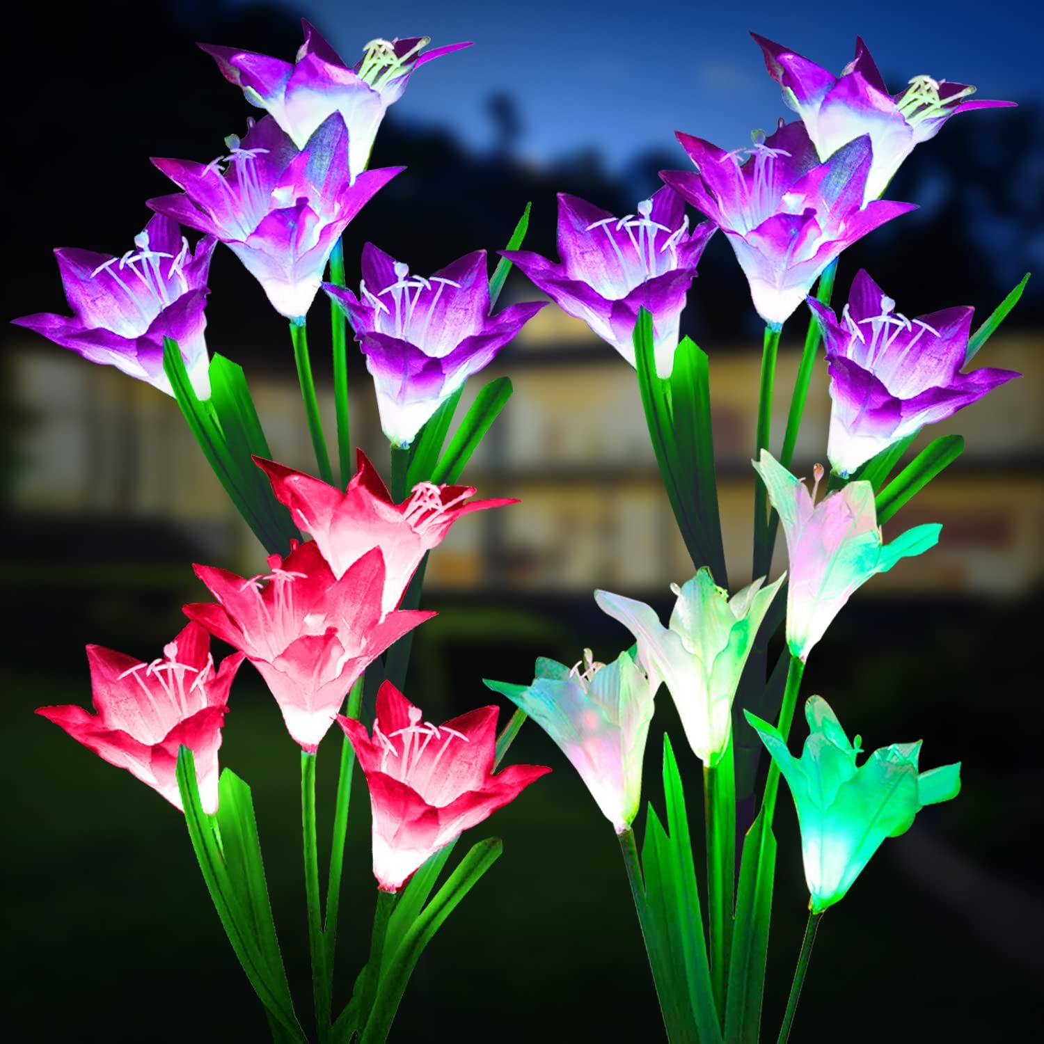 Outdoor Solar Lights, 4 Pack Solar Garden Lights with Bigger Lily Flowers, Waterproof 7 Color Changing Solar Lights Outdoor — image 3