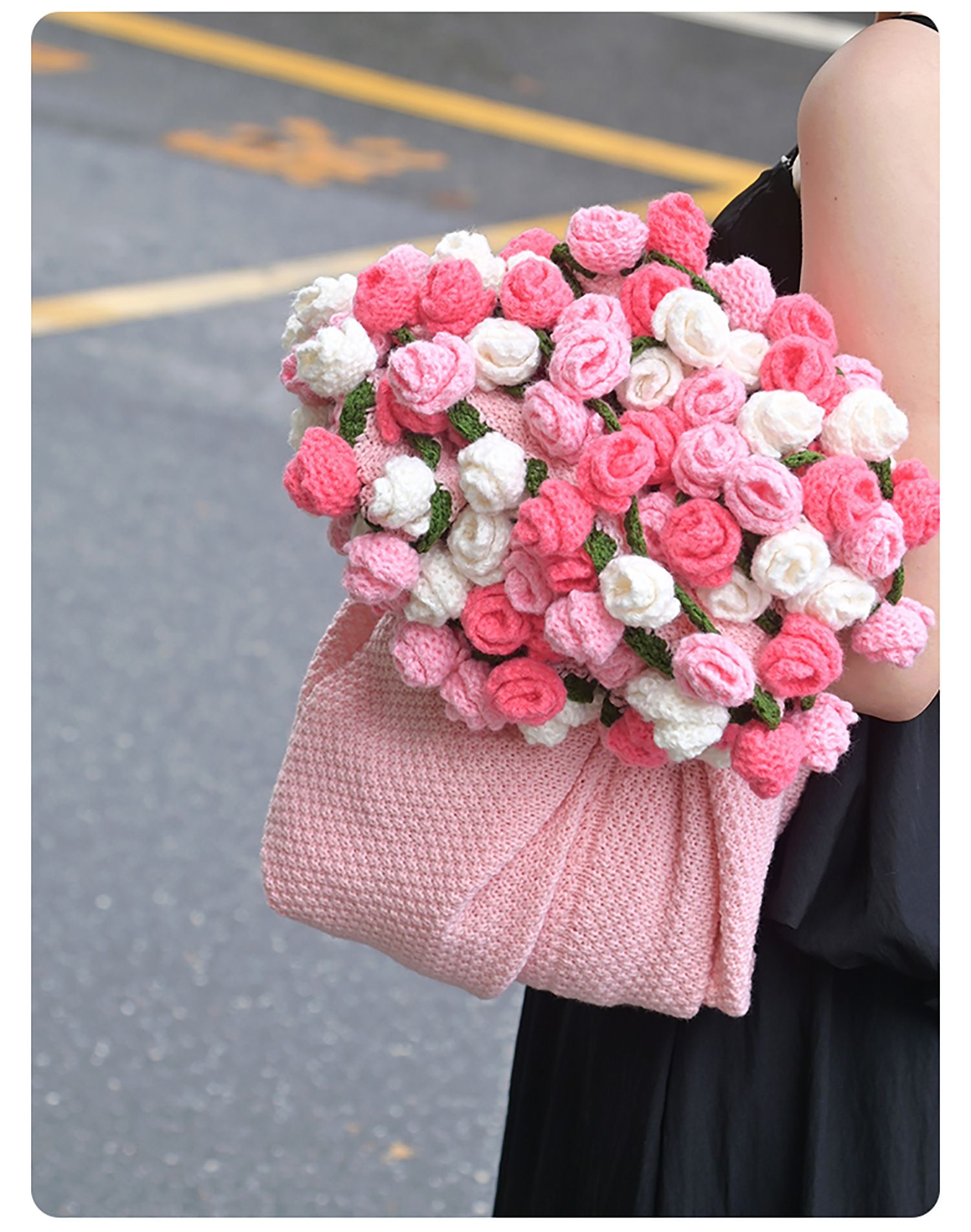 Pink and White Diameter: 160 cm -99 Woven Flowers Handmade Rose Bouquet Knit Blanket - Soft Pink Acrylic Throw with 3D Crochet Flowers - Perfect Gift for Her