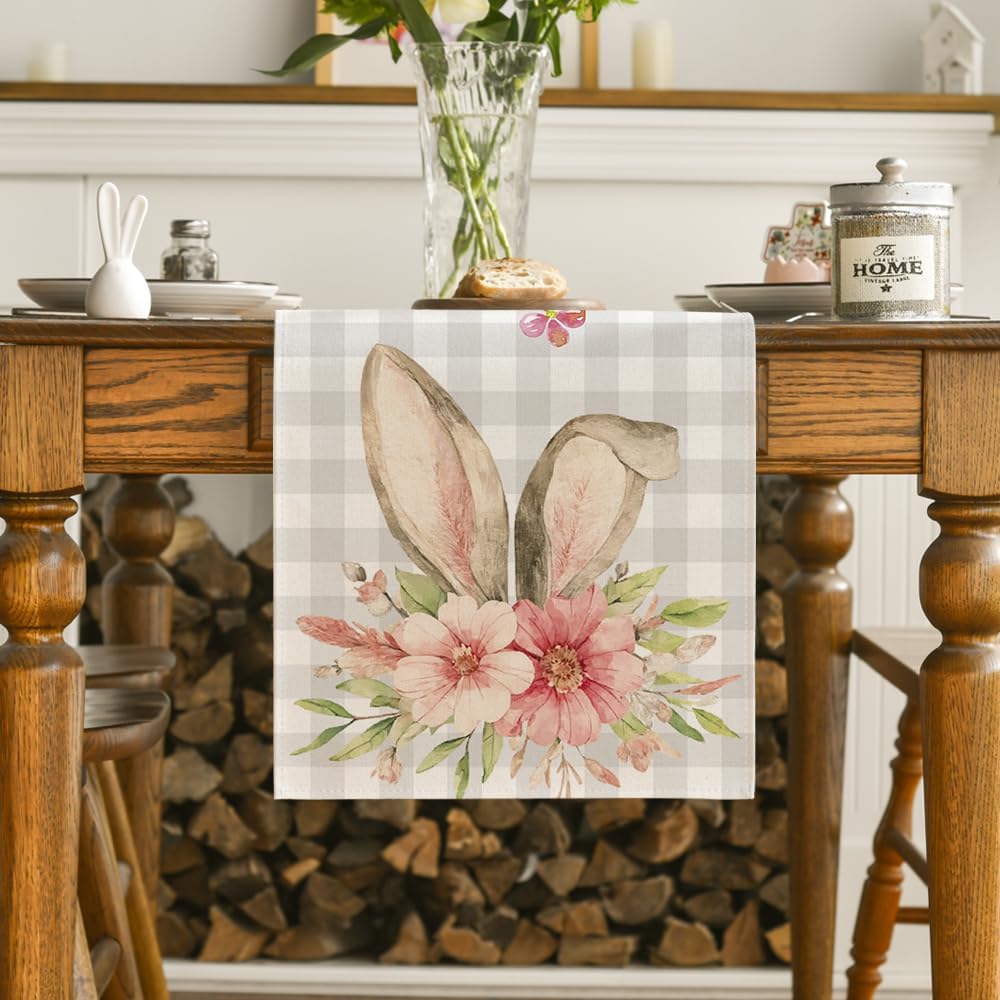 Buffalo Plaid Bunny Rabbit Ears Flower Easter Table Runner, Spring Summer Seasonal Holiday Kitchen Dining Table Decoration for Indoor Outdoor Home Party Decor โ image 2