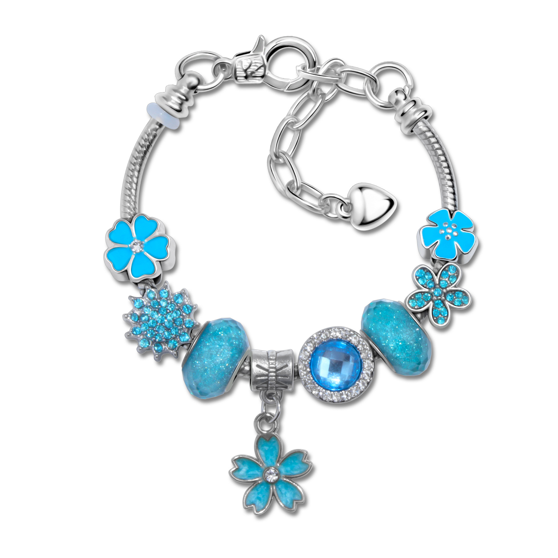 Blue Magnolia Alloy Bracelet with Rhinestones & Glaze Beads(20cm)