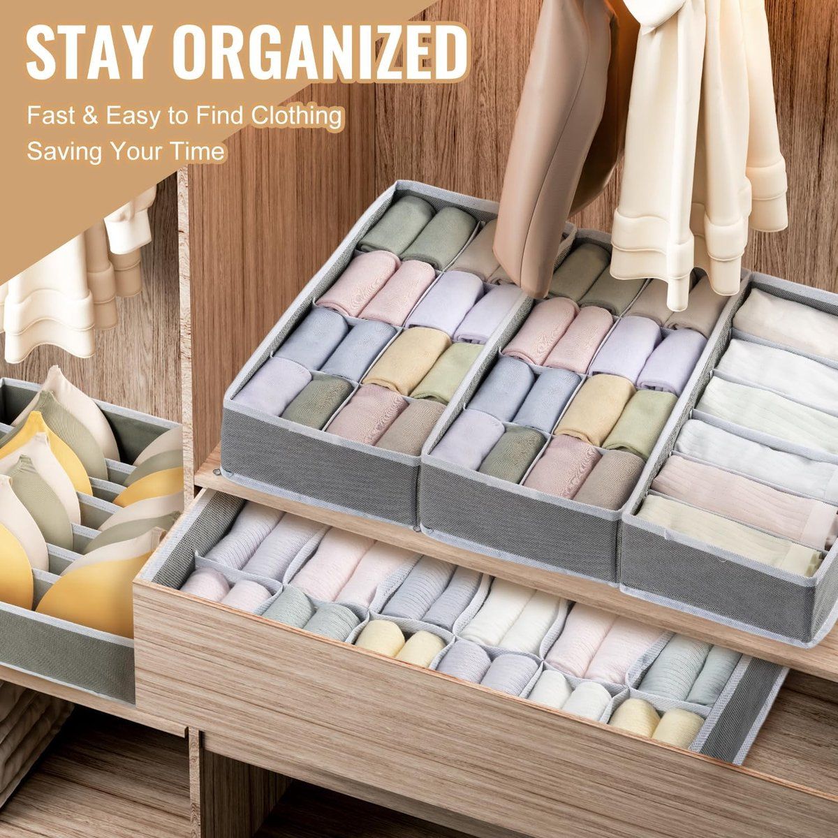4 Pack Drawer Organizer Foldable Oxford Fabric Closet Storage Bins With Compartments For Underwear Socks Bras Baby Clothes Gray, 32 × 10 cm — image 5
