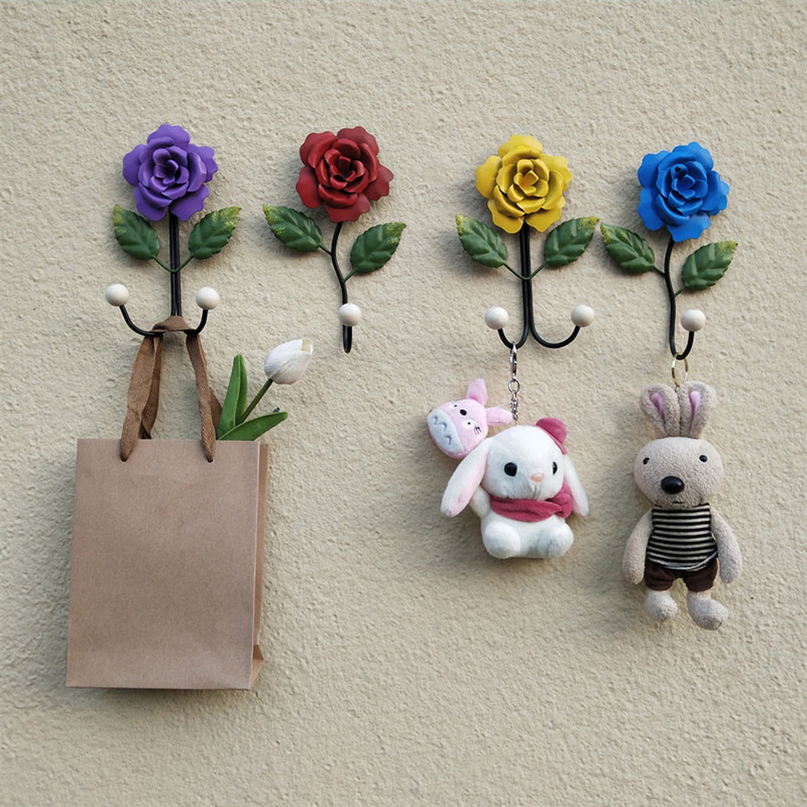Wrought Iron Rose Flowers Double Hook Small Hook Door Behind Bathroom Kitchen Wall Perforation Free Porch Decoration — image 3