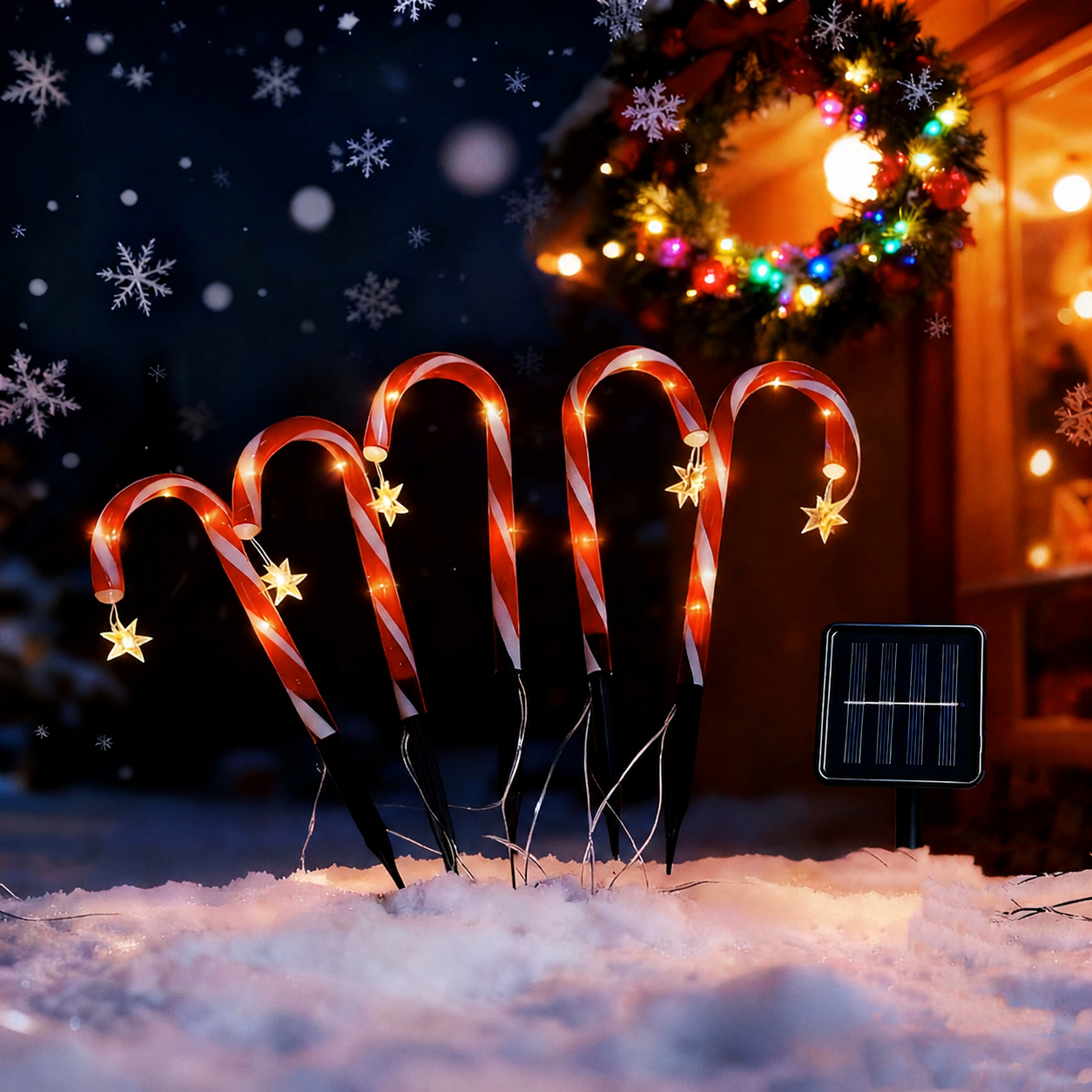 Solar Candy Cane Pathway Lights with Star Accents, 5-Pack Red & White Striped LED Stake Lights, Warm Glow for Christmas Yard, Garden and Holiday Party Display