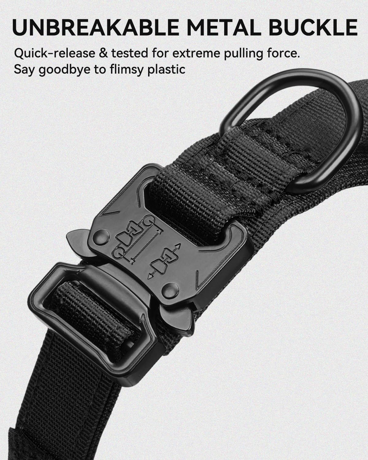 Tactical Dog Collar with Handle and Metal Buckle, Heavy Duty Padded Military 2 Patches for Training, Adjustable Large Dogs, Black, L Black — image 3