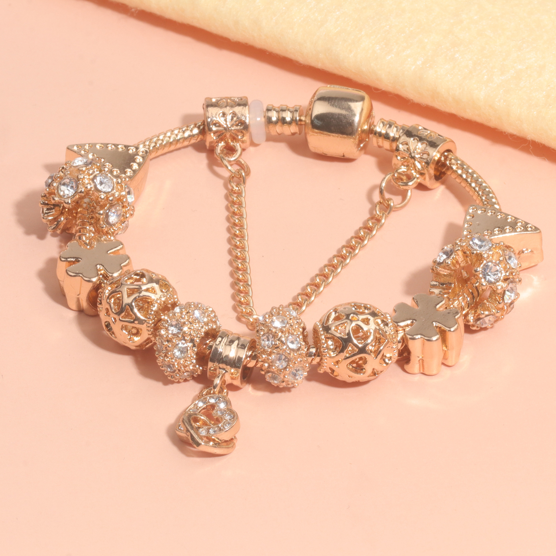 Rose Gold Crystal Charm Bracelet with Clover, Heart, Triangle Beads & Heart Pendant(17cm) โ image 6