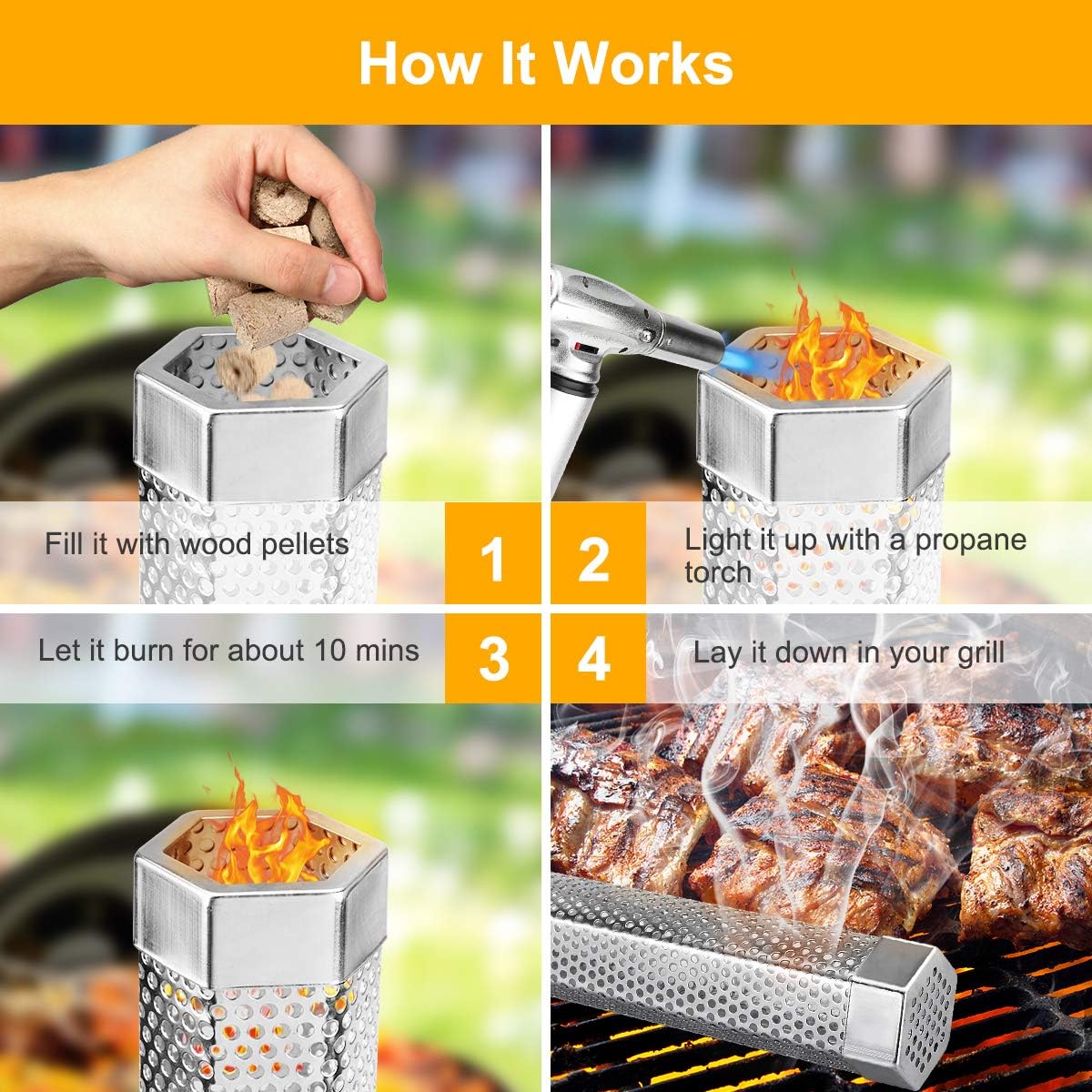 Pellet Smoker Tube, 2 Pack 12'' Stainless Steel BBQ Wood Pellet Tube Smoker, for Cold/Hot Smoking — image 2