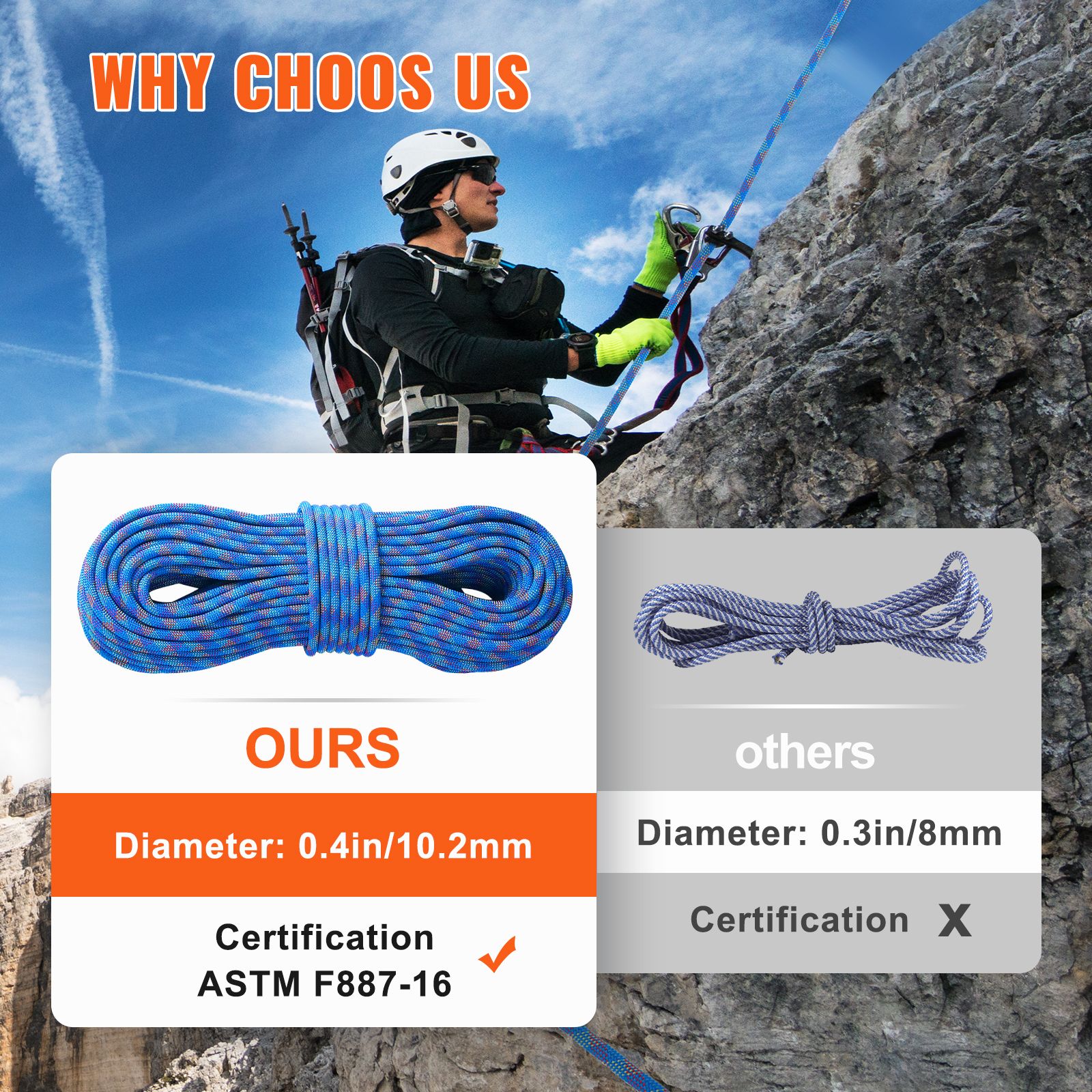 10.2mm Dynamic Climbing Rope, 60M(197ft) Outdoor Rock Climbing Rope 25KN Breaking Tension, Stretchable Fiber Rope with Steel Snap Hooks for Escape, Rappelling โ image 4