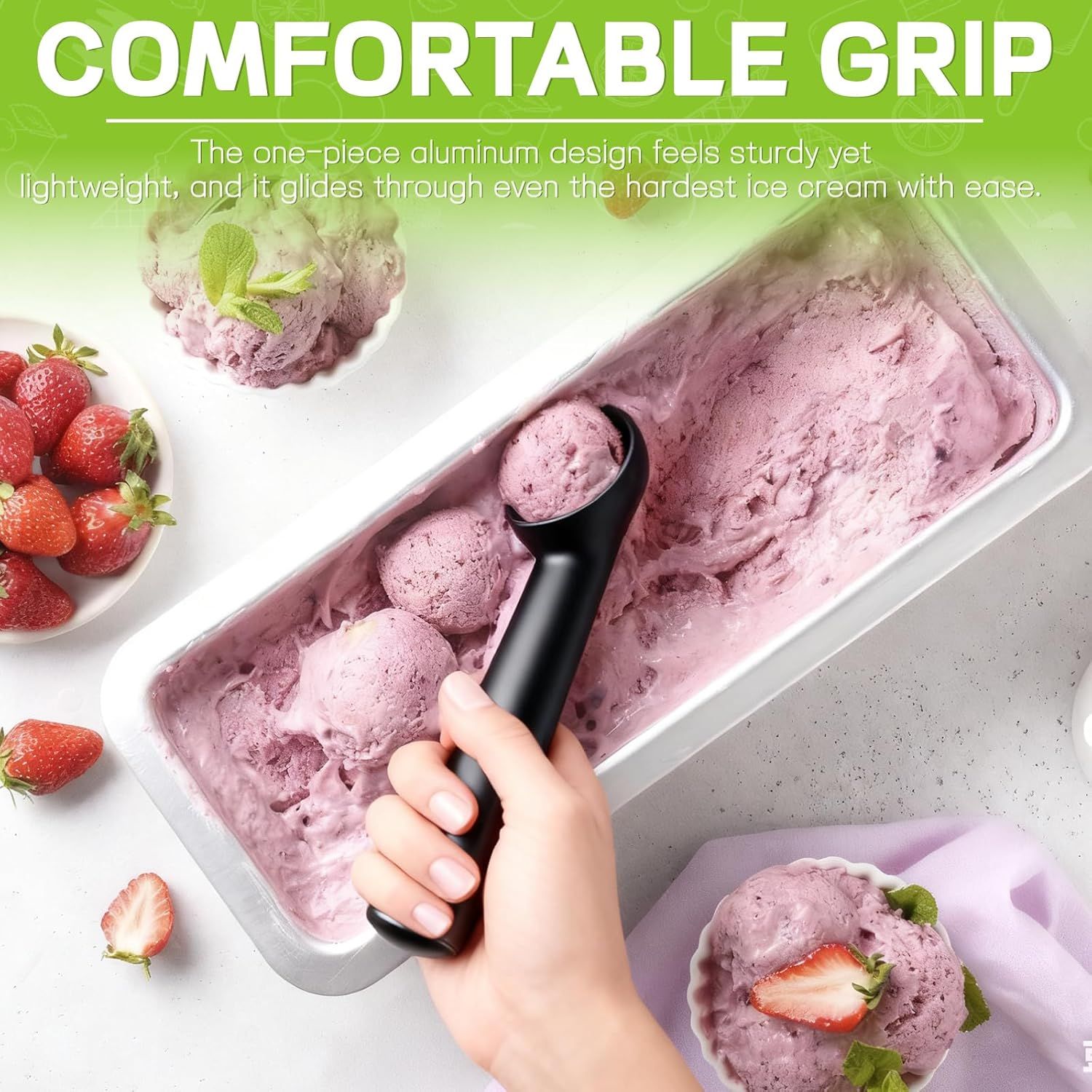 Ice Cream Scoop,Black Aluminum Ice Cream Scooper,7.3 Inches One-Piece Design Nonstick Cookie Spoon,Durable,Easy to Clean — image 4