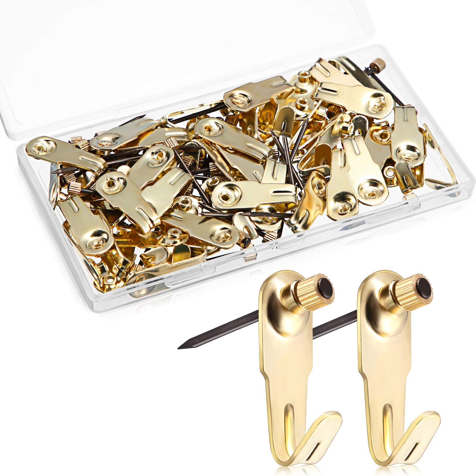 Plaster Picture Hangers Hooks Picture Gold Hanging Picture Kit with Nails for Wooden Wall Drywall Mounting (50 Pieces, 20 lbs)