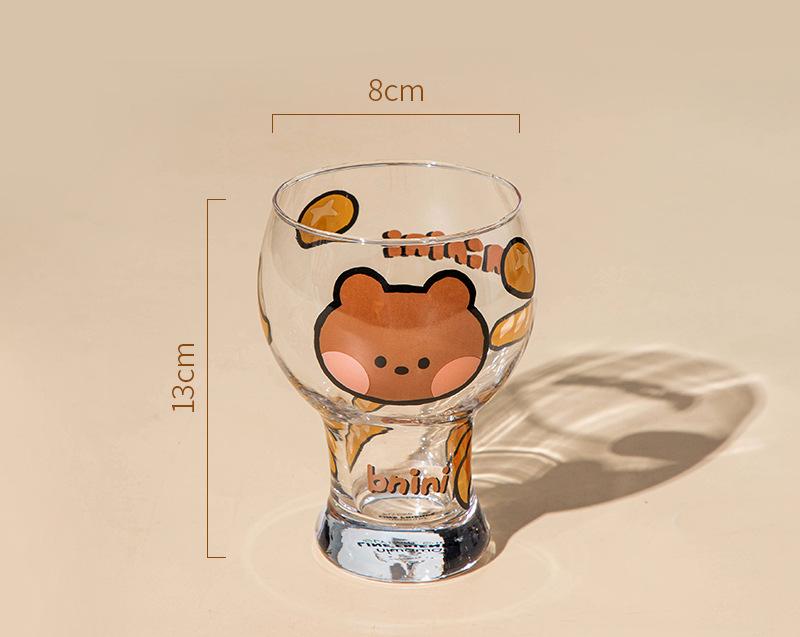 Mini Cartoon Glass Tumbler 400ml, Cute Beer and Juice Cup for Cold Drinks(Brown bear)