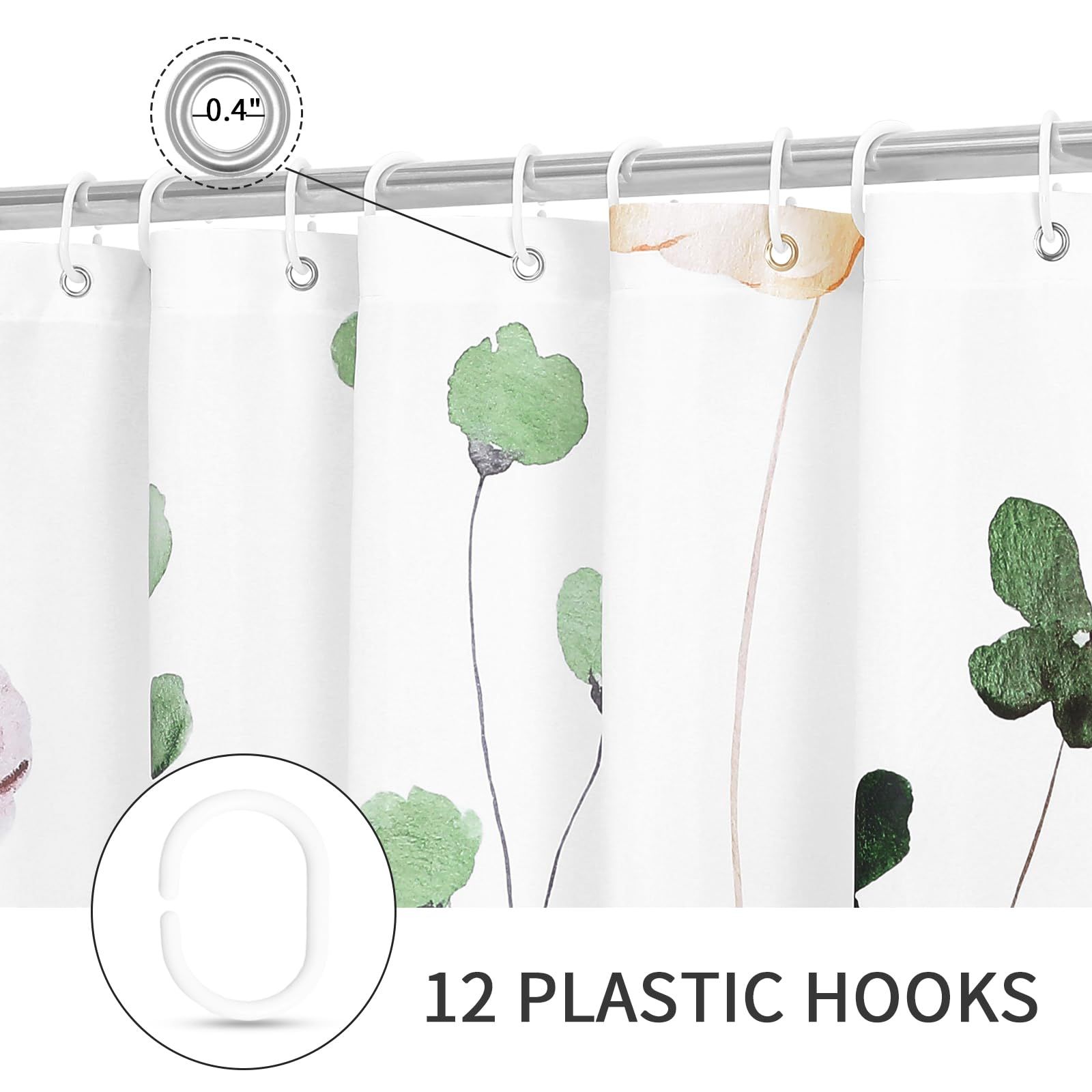 Watercolor Floral Shower Curtain, Beige Flower Shower Curtain for Bathroom, Modern Minimalist White Set with Hooks 72 × 72 Inch — image 4