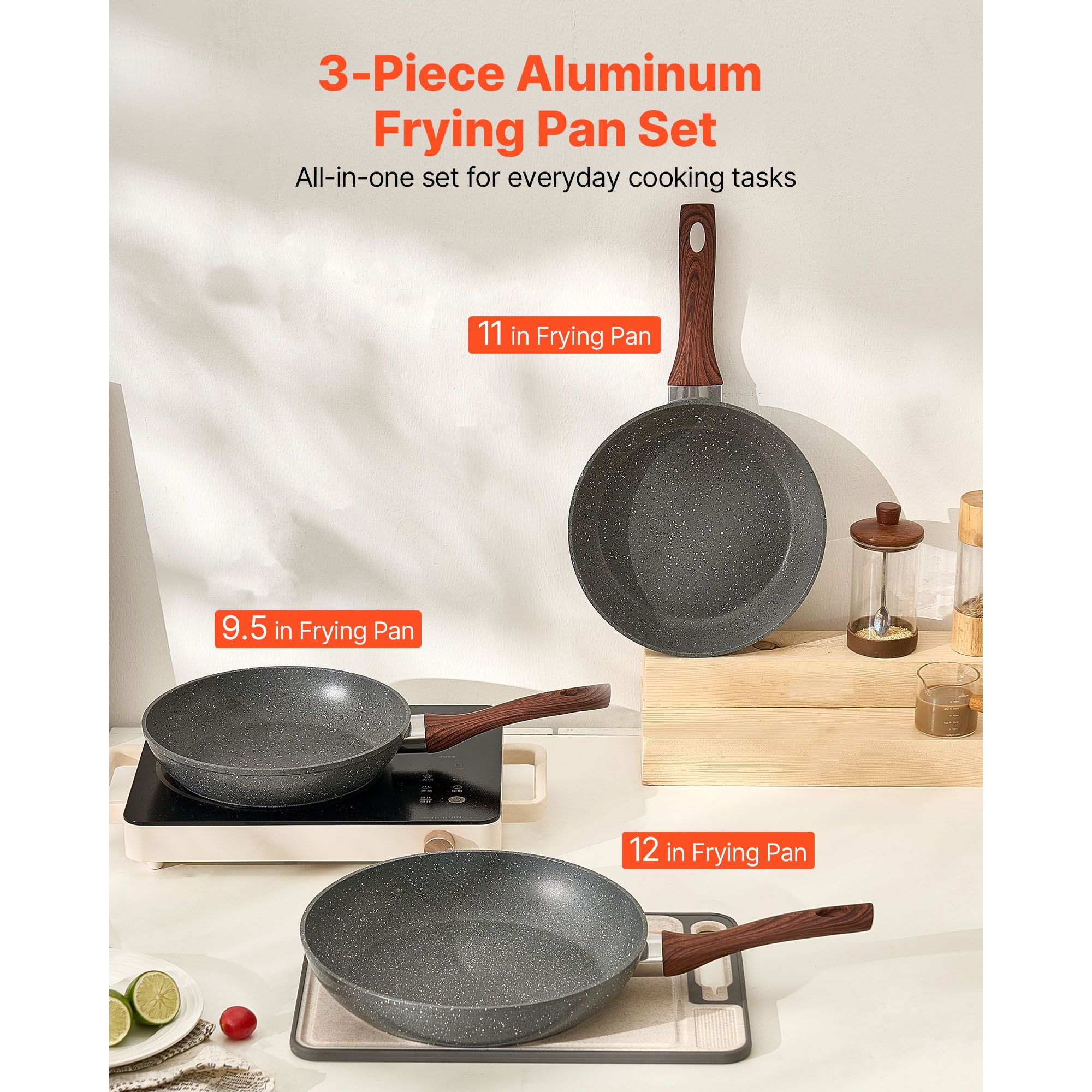Frying Pan Skillet, Aluminum Egg Fry Pans, 3 Piece Set (250, 280, 325 mm), Nonsitck Heavy-Duty Skillets with Heat-Resistant Handle, Chef's Kitchen โ image 2