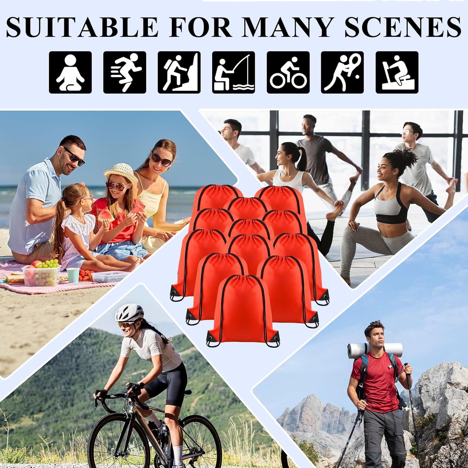 12 Pieces Drawstring Backpack Bulk Red Tote Sackpack Sports Bag DIY Drawstring Bags Nylon Draw String Sport Bag for Boys Girls — image 2