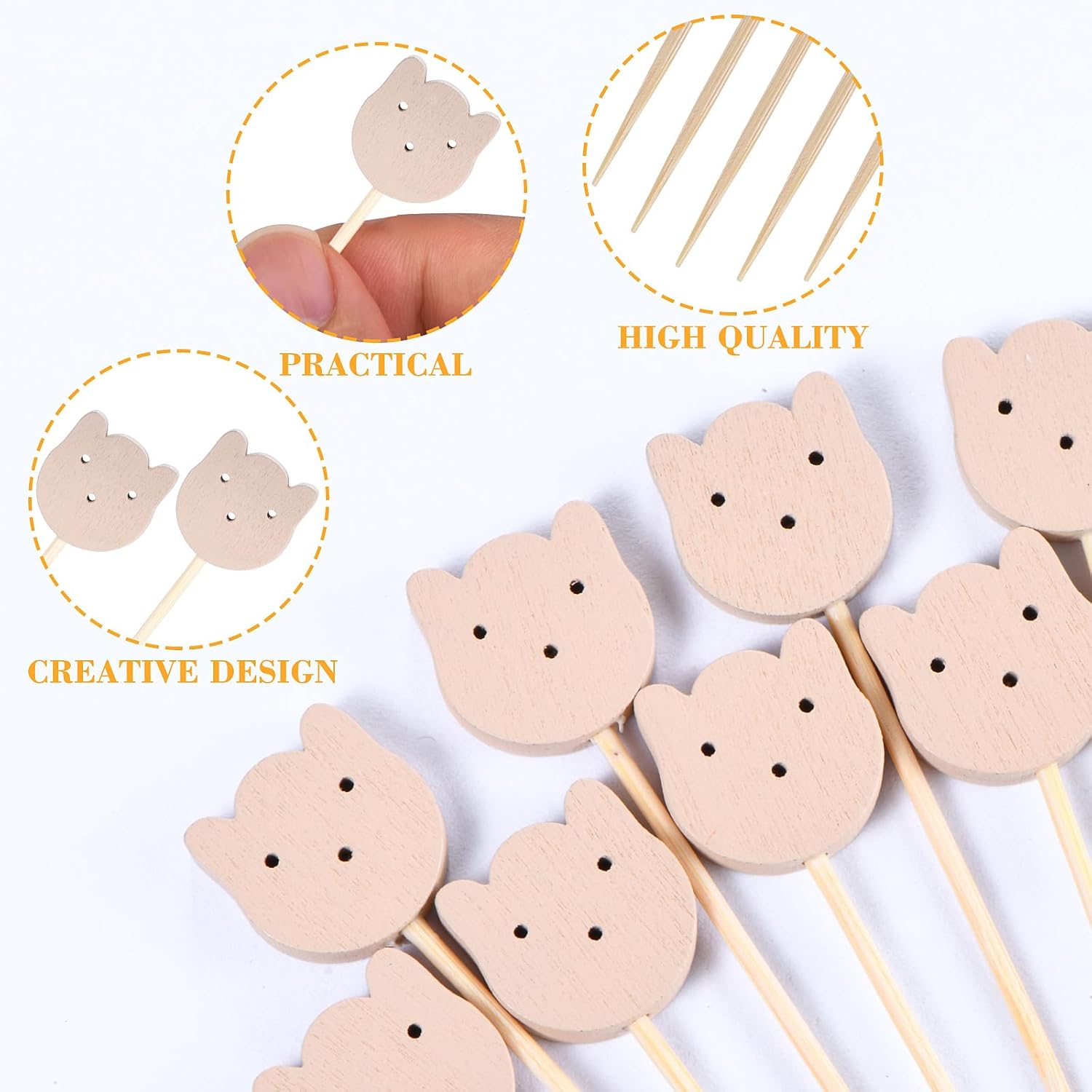100 Pcs Fancy Toothpicks for Appetizers, 4.7 Inch Bear Face Cocktail Picks for Party Decoration, Bamboo Appetizer Skewers for Charcuterie Sandwich Burgers — image 3