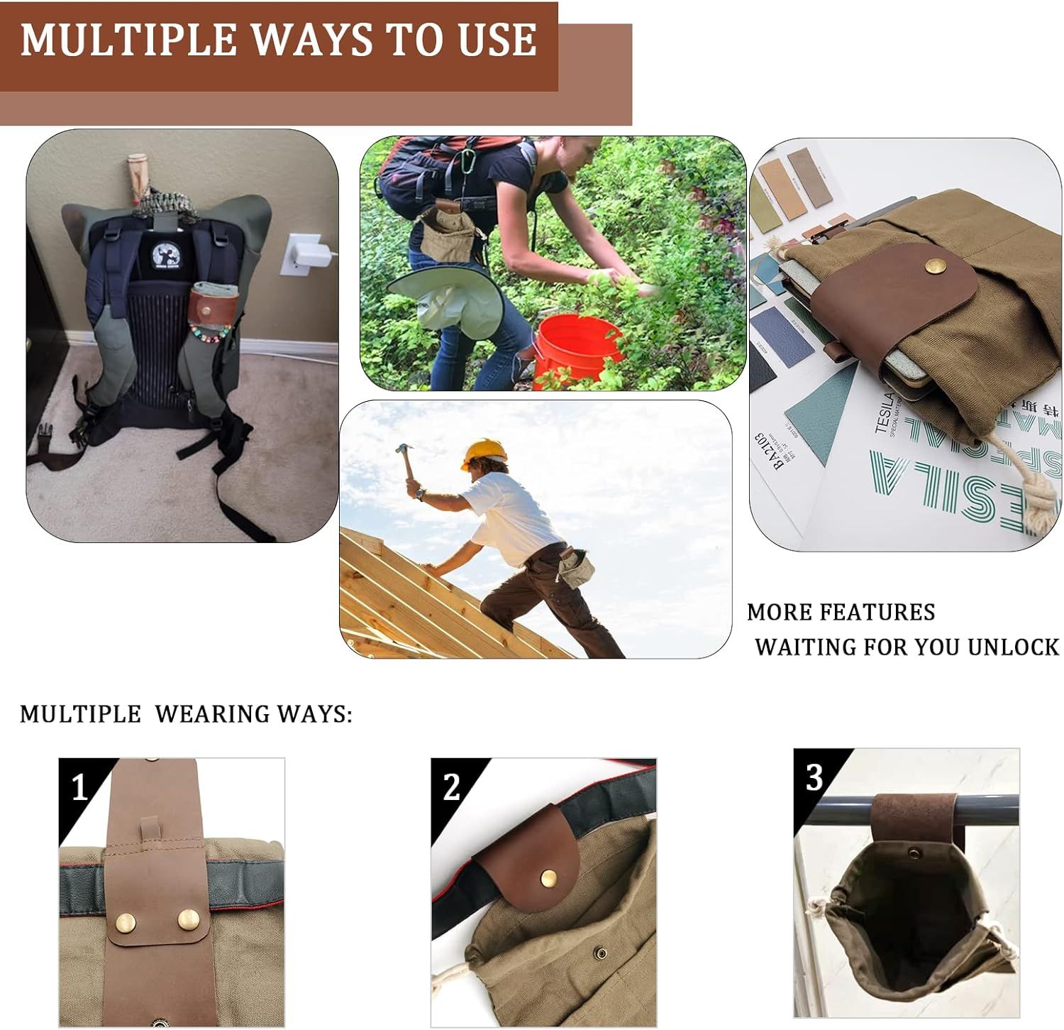 Foraging Pouch Leather Canvas Collapsible Bag Water Resistant Outdoor Camping Storage Folding Bag Mushroom Bags Bushcraft Belt Pouches for Travel Camping — image 5