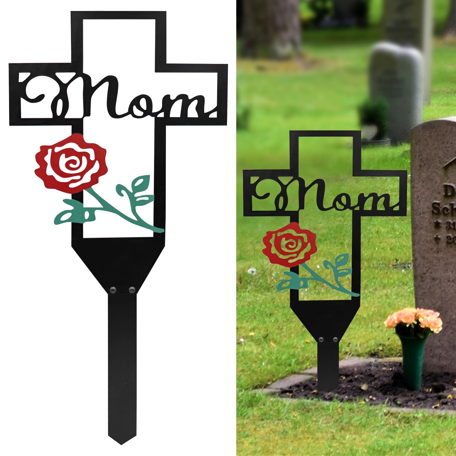 Metal Cross Garden Stake Graves Cemetery Decorations, Cemetery Memorial Cross Stake for Mom, (12X6 Inch)