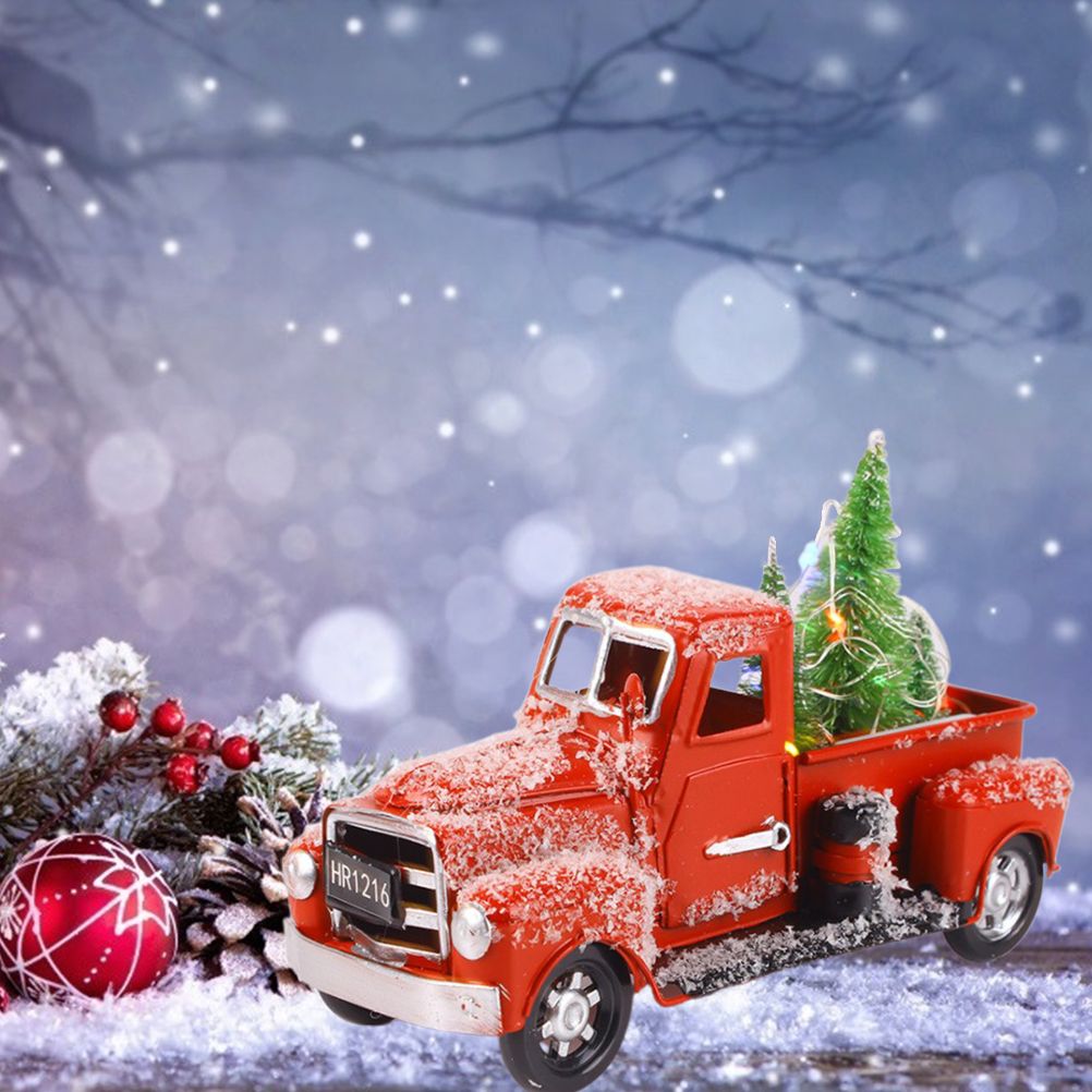 Christmas Vintage Red Truck Metal Truck Car with Christmas Trees Ornaments for Home Fireplace Desktop Decorations Holiday Xmas Supplies β image 5