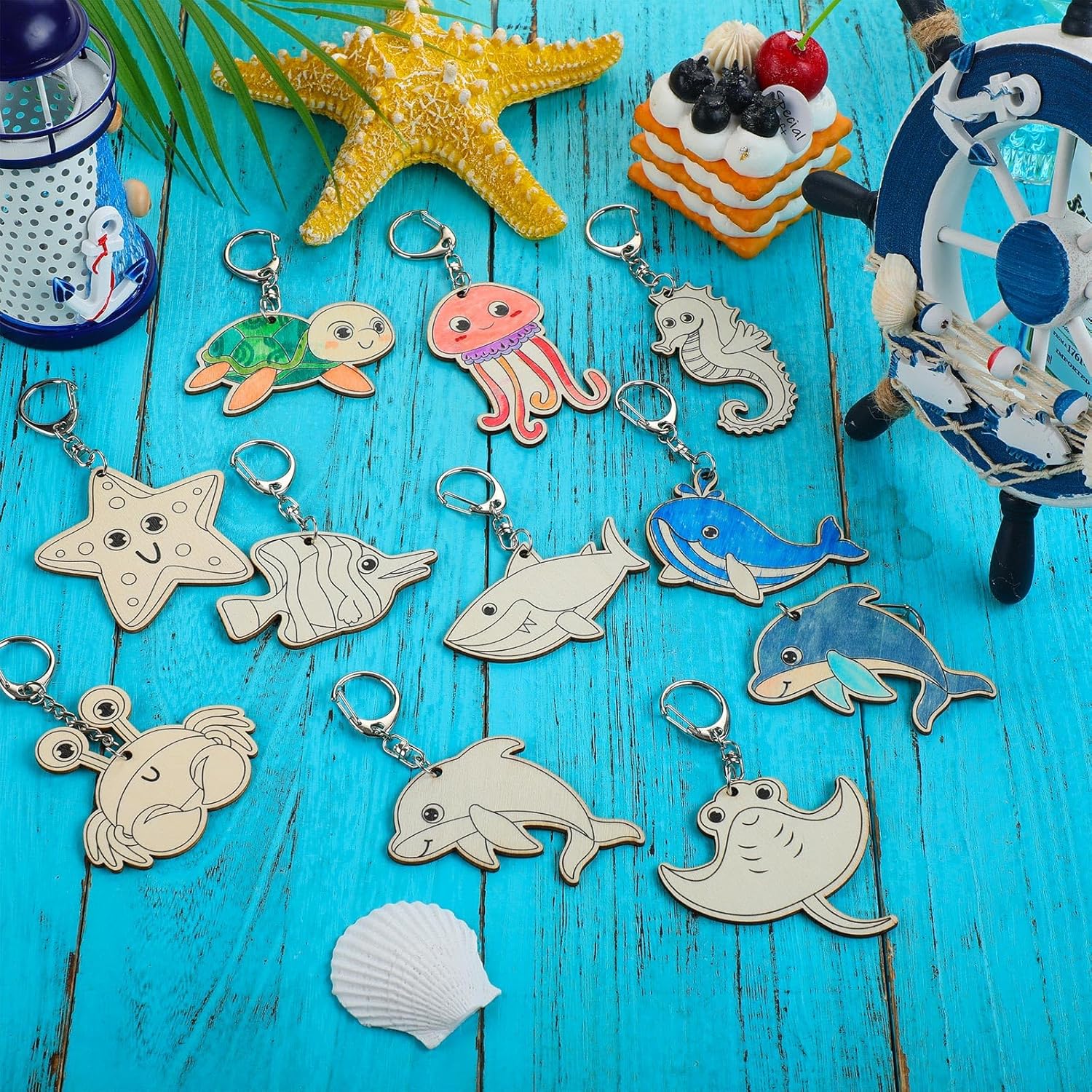36 Pcs Sea Life Unfinished Wooden Keychains Color Your Own Unfinished Wooden Crafts Blank Wood Painting DIY Crafts for Home Activities Arts Project Decoration — image 3