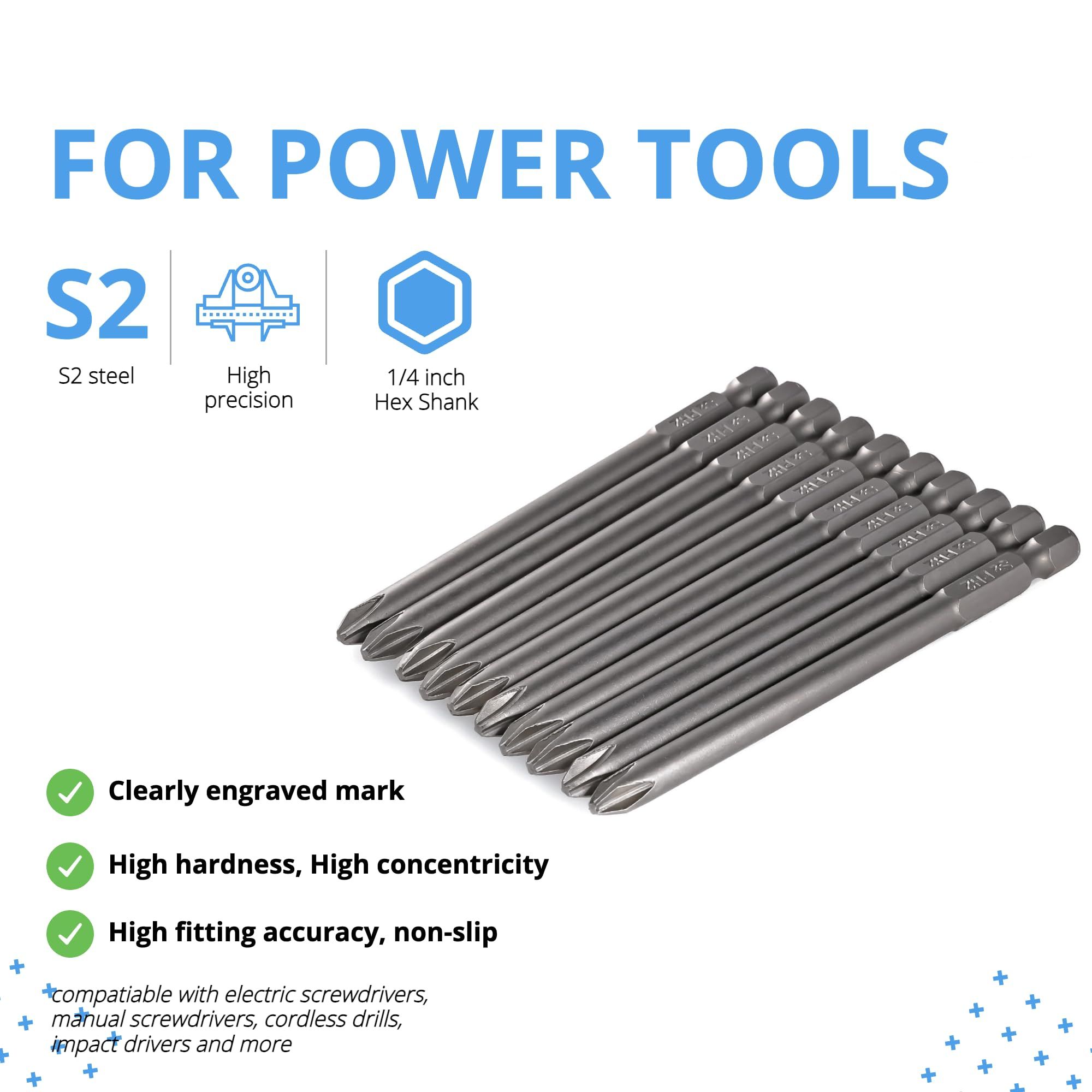Cross Slot PH2#2 Long Screwdriver Bit Set 10 PCS 1/4 Inch Hex Shank 4 Inch/100 mm Length S2 Steel with Magnetic โ image 2