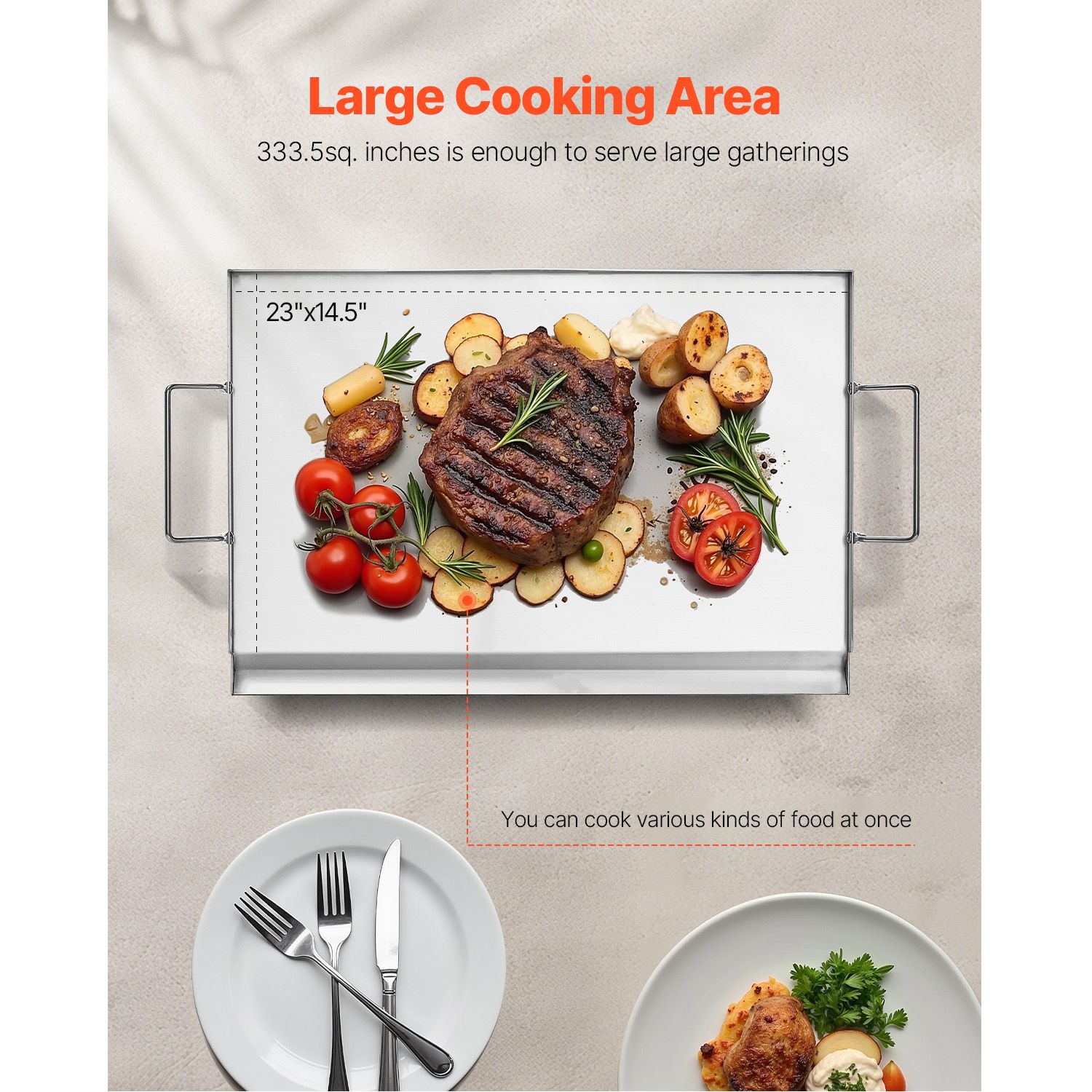 Stainless Steel Griddle, 23x16 inch Universal Flat Top Rectangular Plate, Gas Grill Griddle for BBQ Grill, Teppanyaki, Portable Family Cookware with Handle — image 4